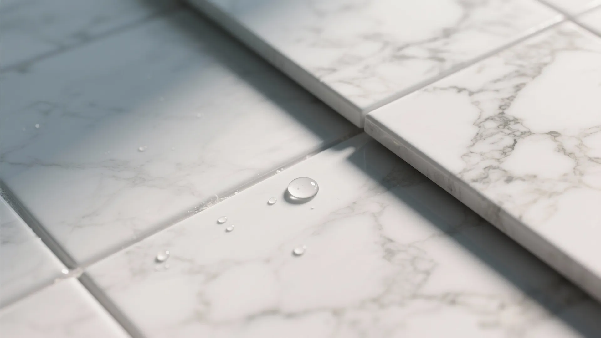 Close-up showing a water droplet beading on sealed white marble next to a porcelain sample.