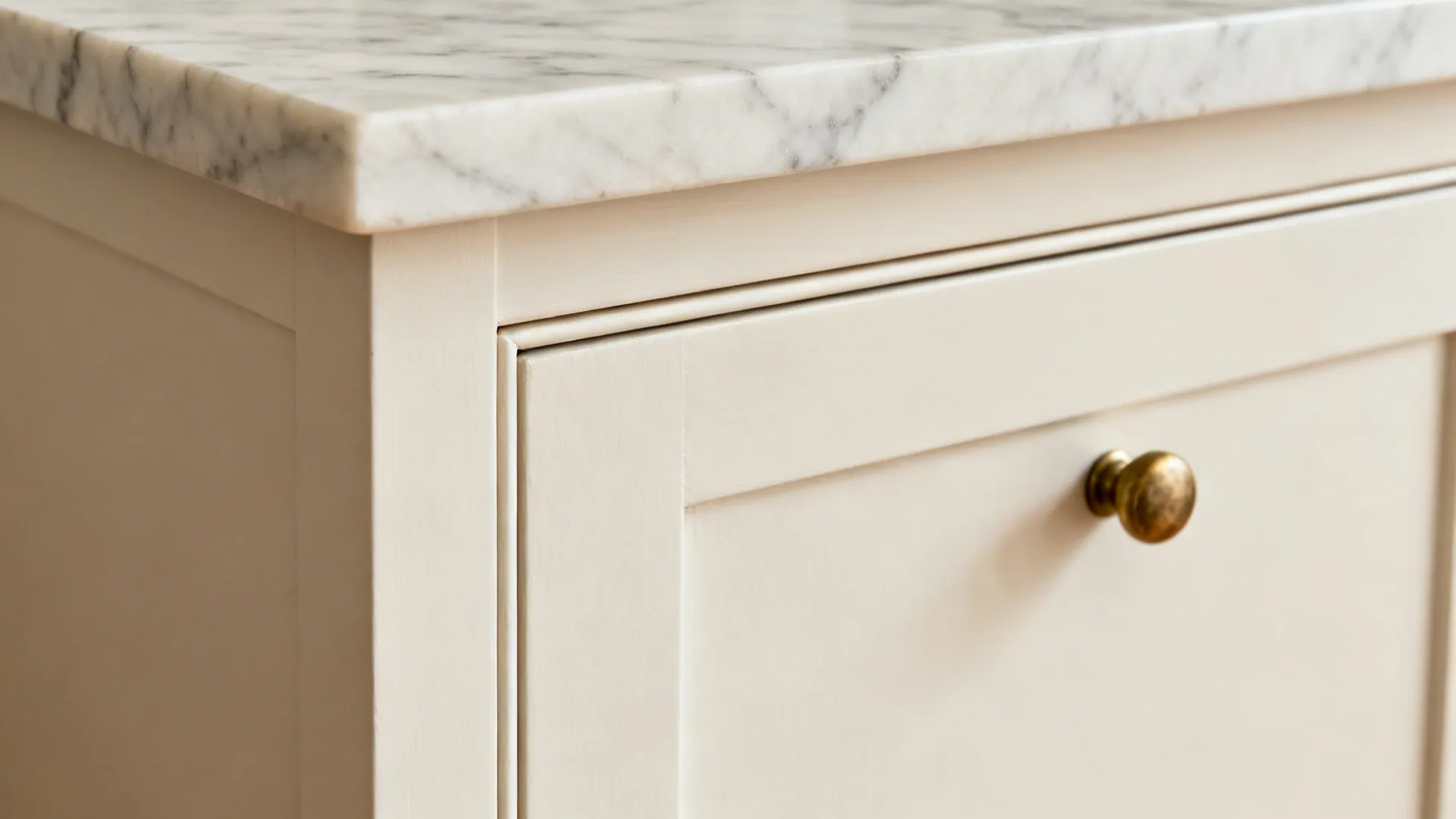 Macro of honed Carrara marble edge and slim warm white Shaker rail with brass knob.