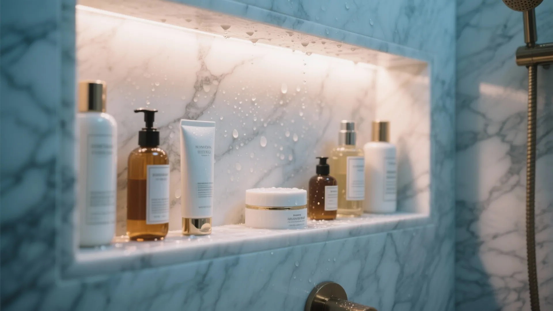 White marble wall shelf with warm light fixture holding skincare products in a modern shower room
