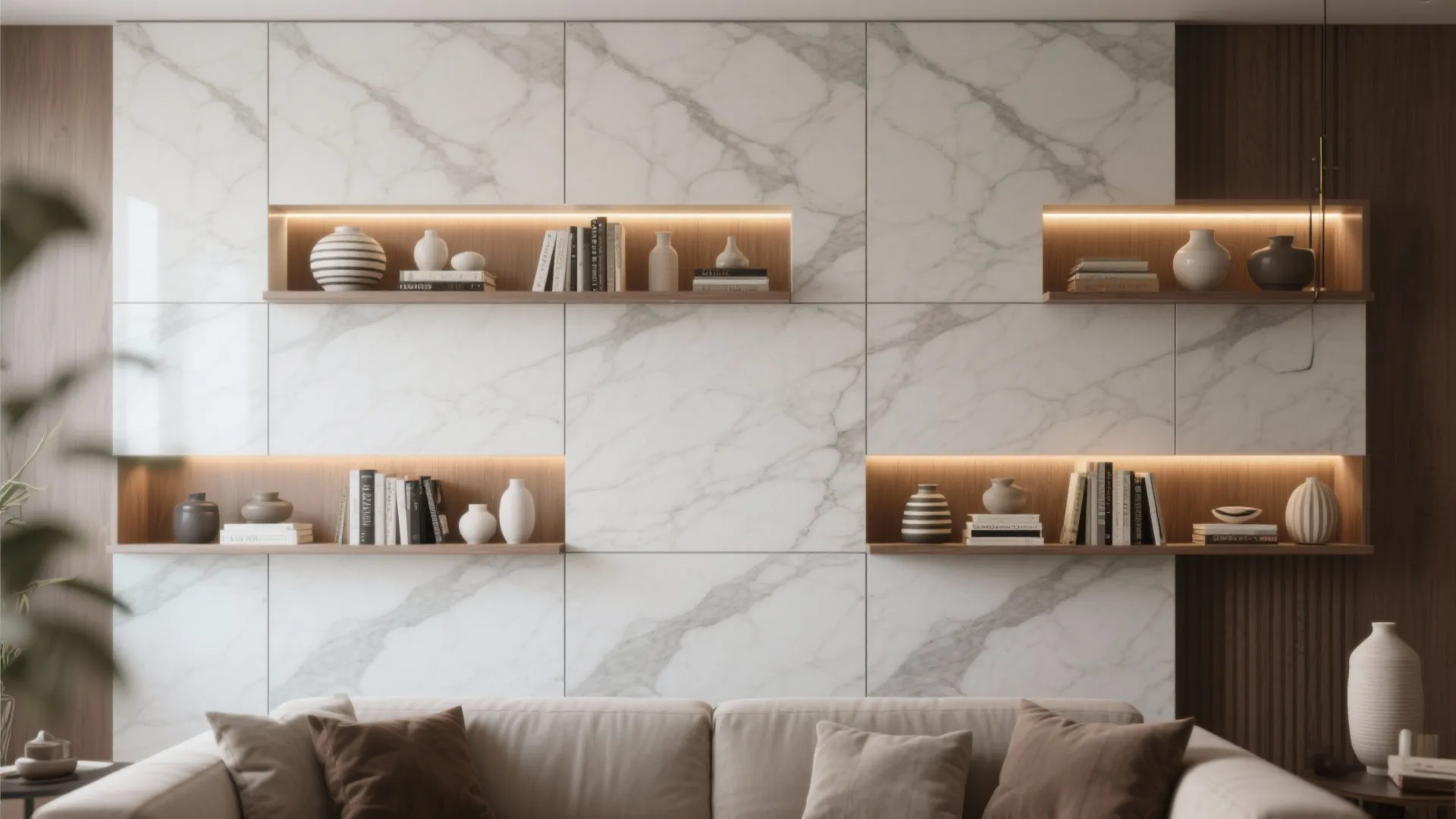 3. Marble panels with integrated shelving for function and flair