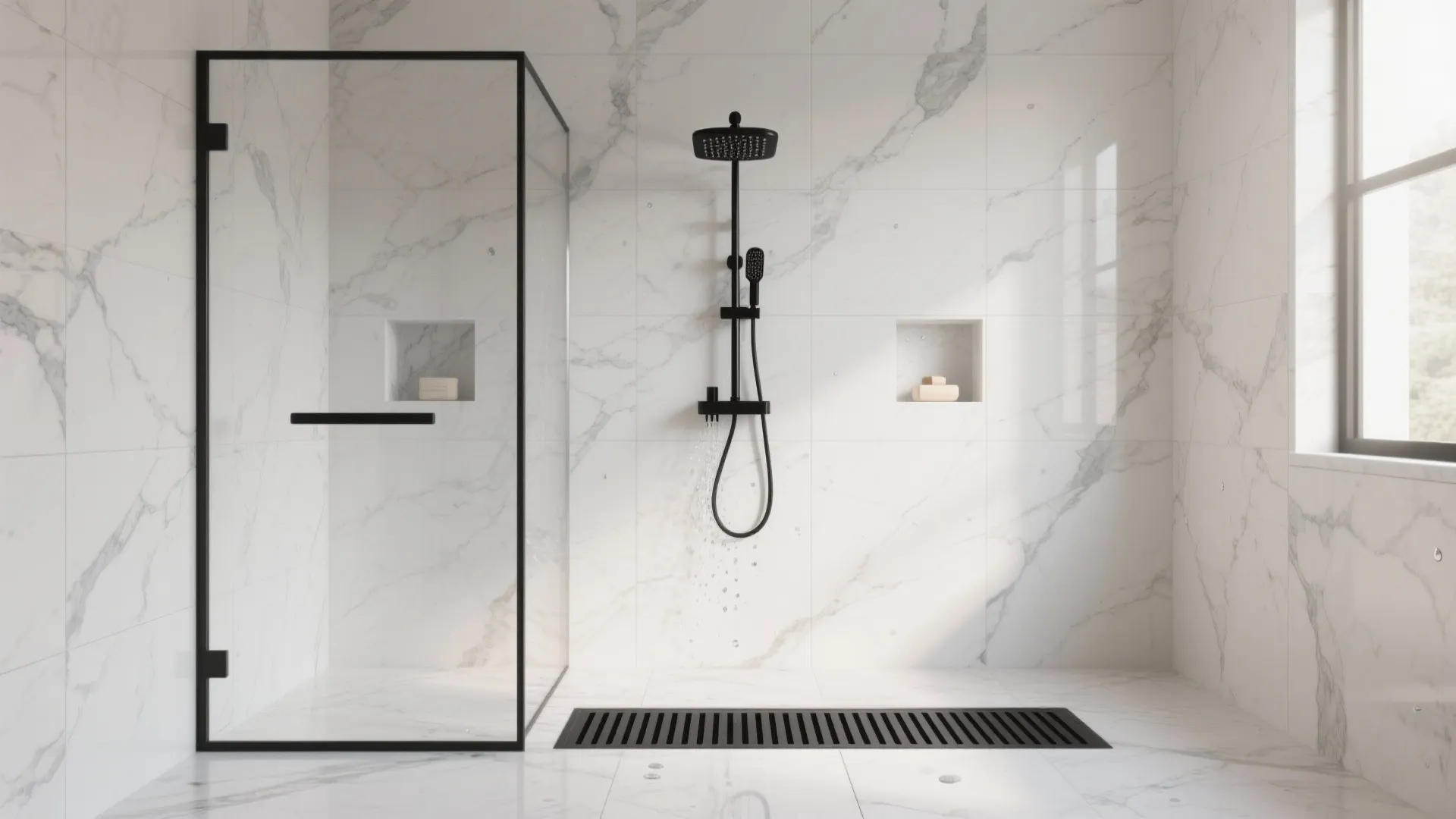 2. Marble shower with matte black accents