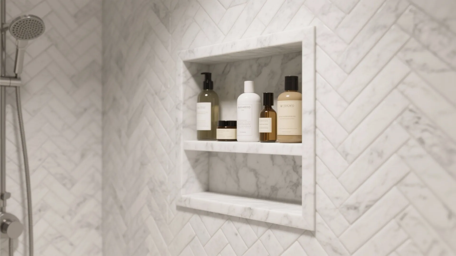 Close-up of Carrara marble herringbone shower niche