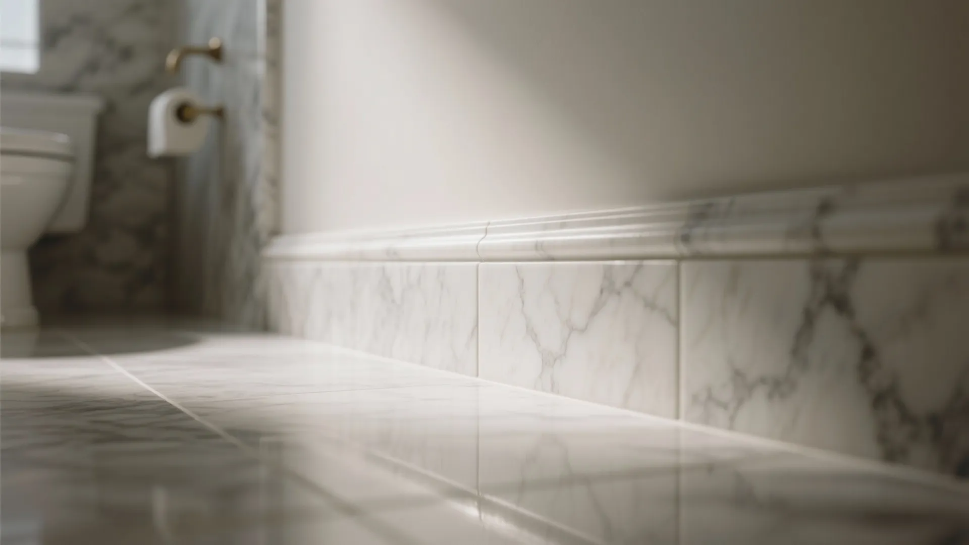 Close up of white marble floor and wall panel with natural grey veins and shadow