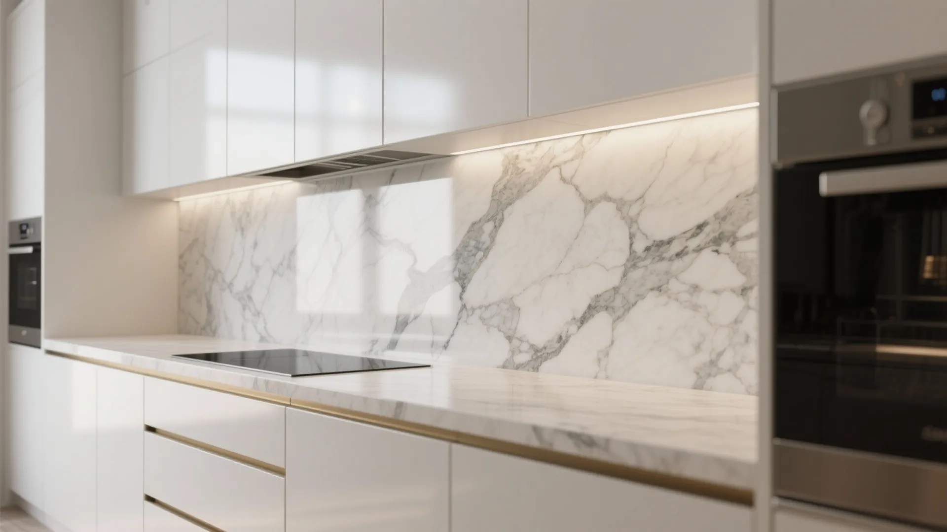 Modern white kitchen cabinets with marble wall panel and matching countertop featuring a built-in stove