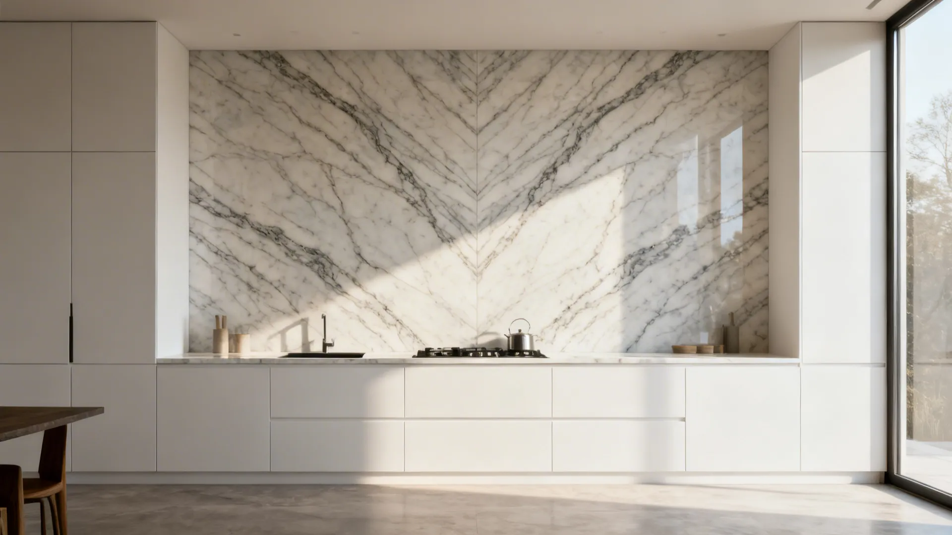 Minimalist kitchen with bookmatched marble slab backsplash and white cabinets.