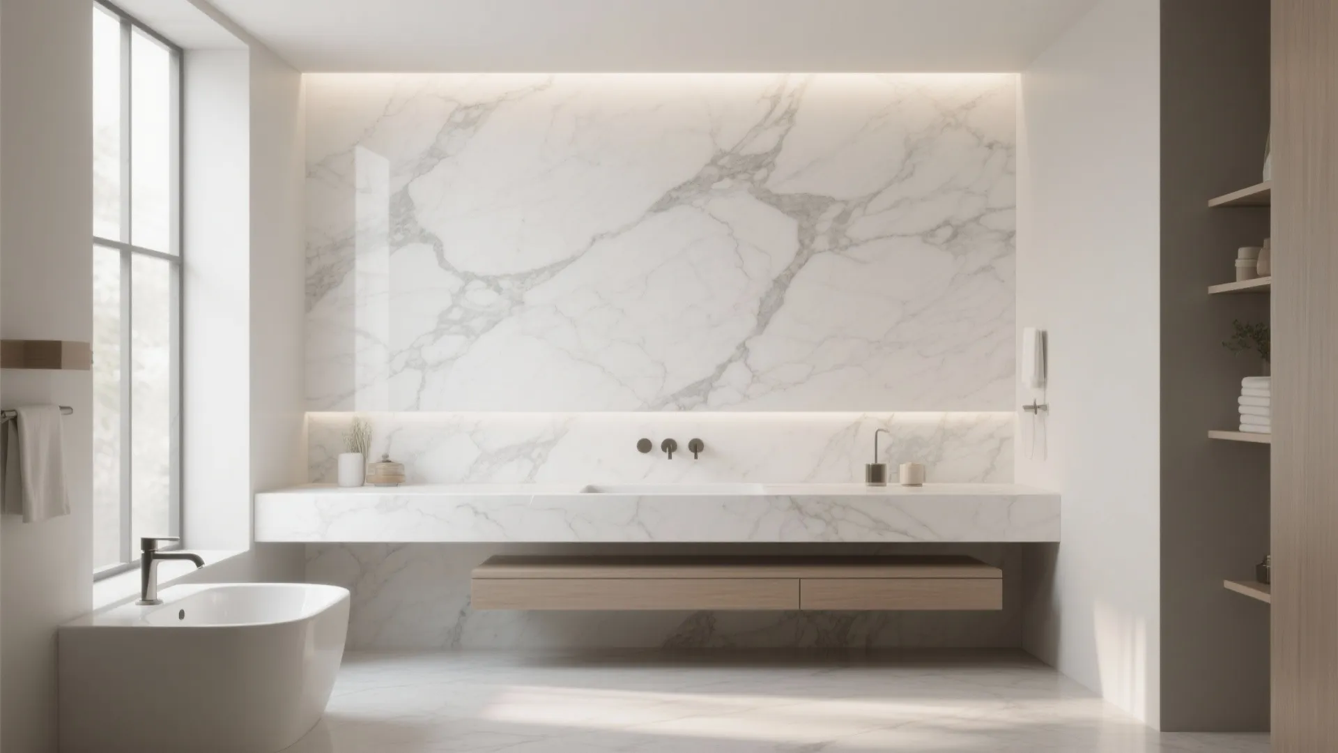 Luxury bathroom with marble wall panels large white bathtub wooden cabinet and bright natural window light