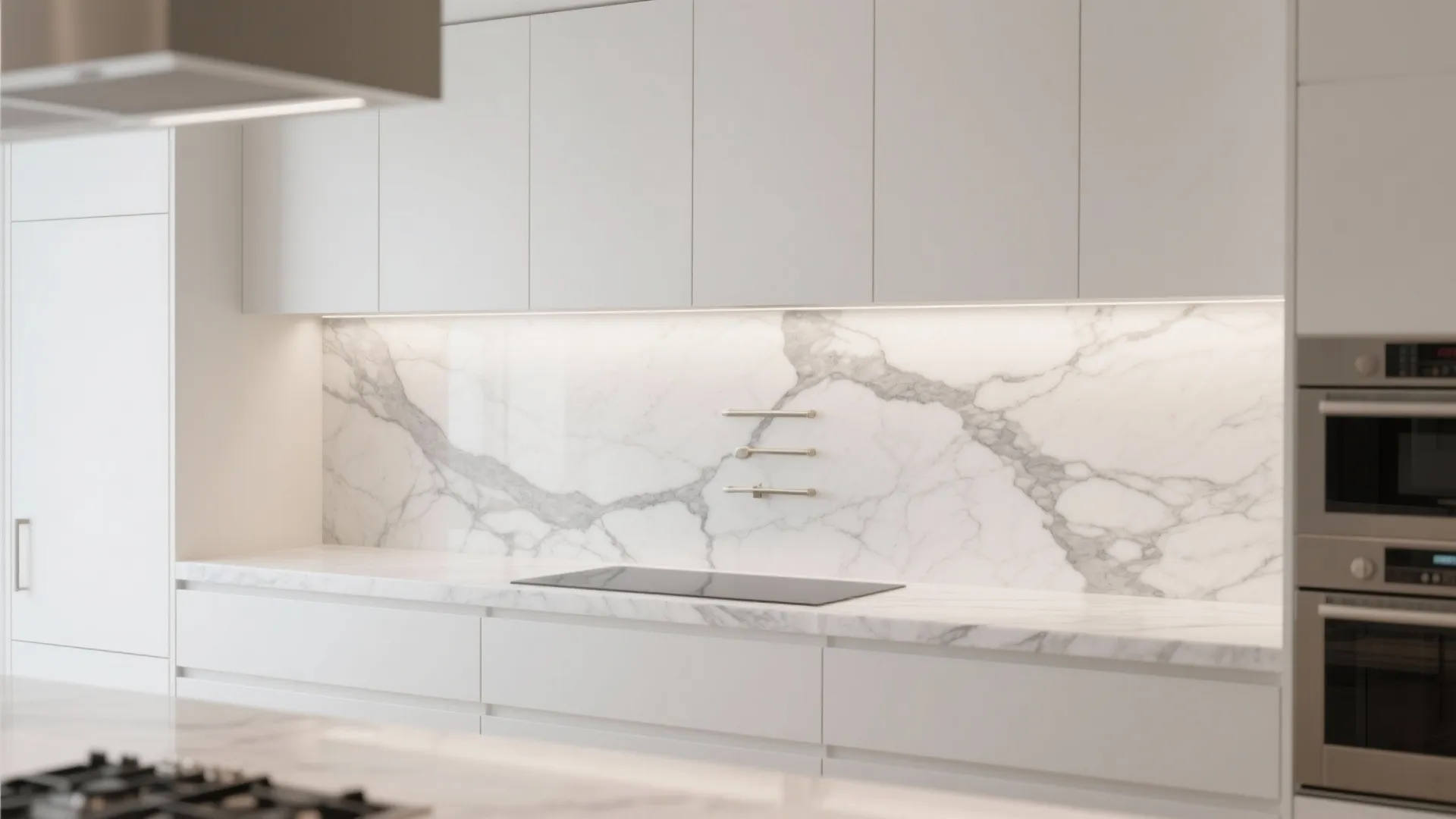 Modern white kitchen featuring marble slab wall panel and matching countertop with white cabinet storage