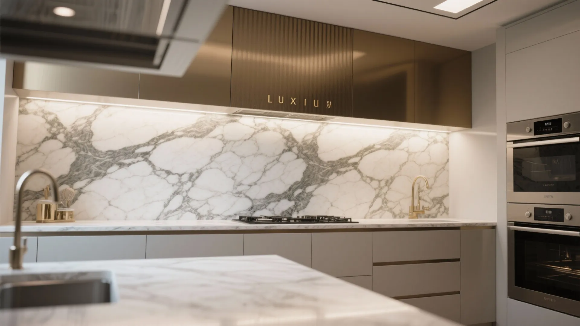 Modern kitchen with white marble wall panel, gold faucet, grey cabinets, and built-in wall ovens
