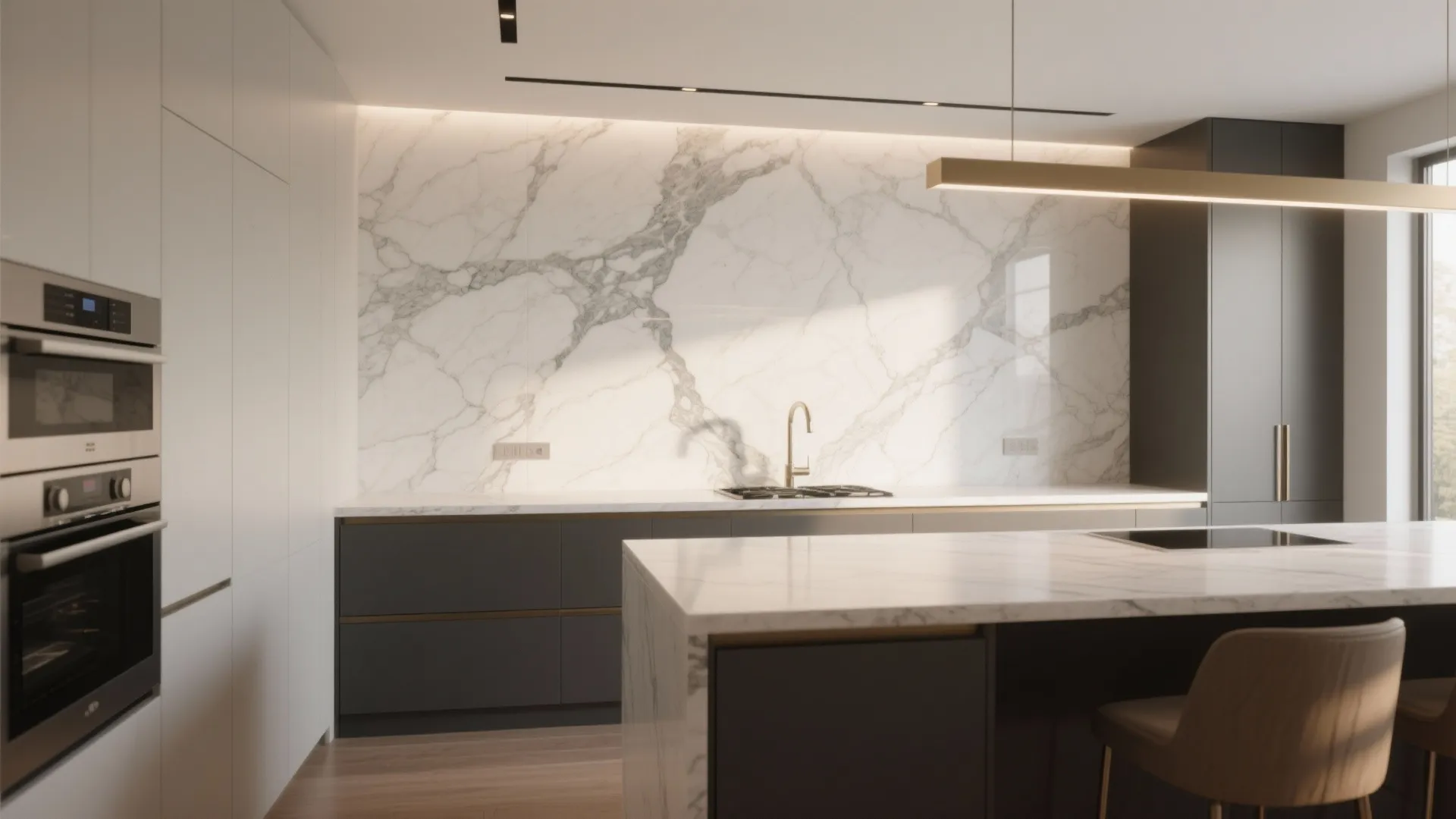 White marble slab backsplash in a modern luxury kitchen