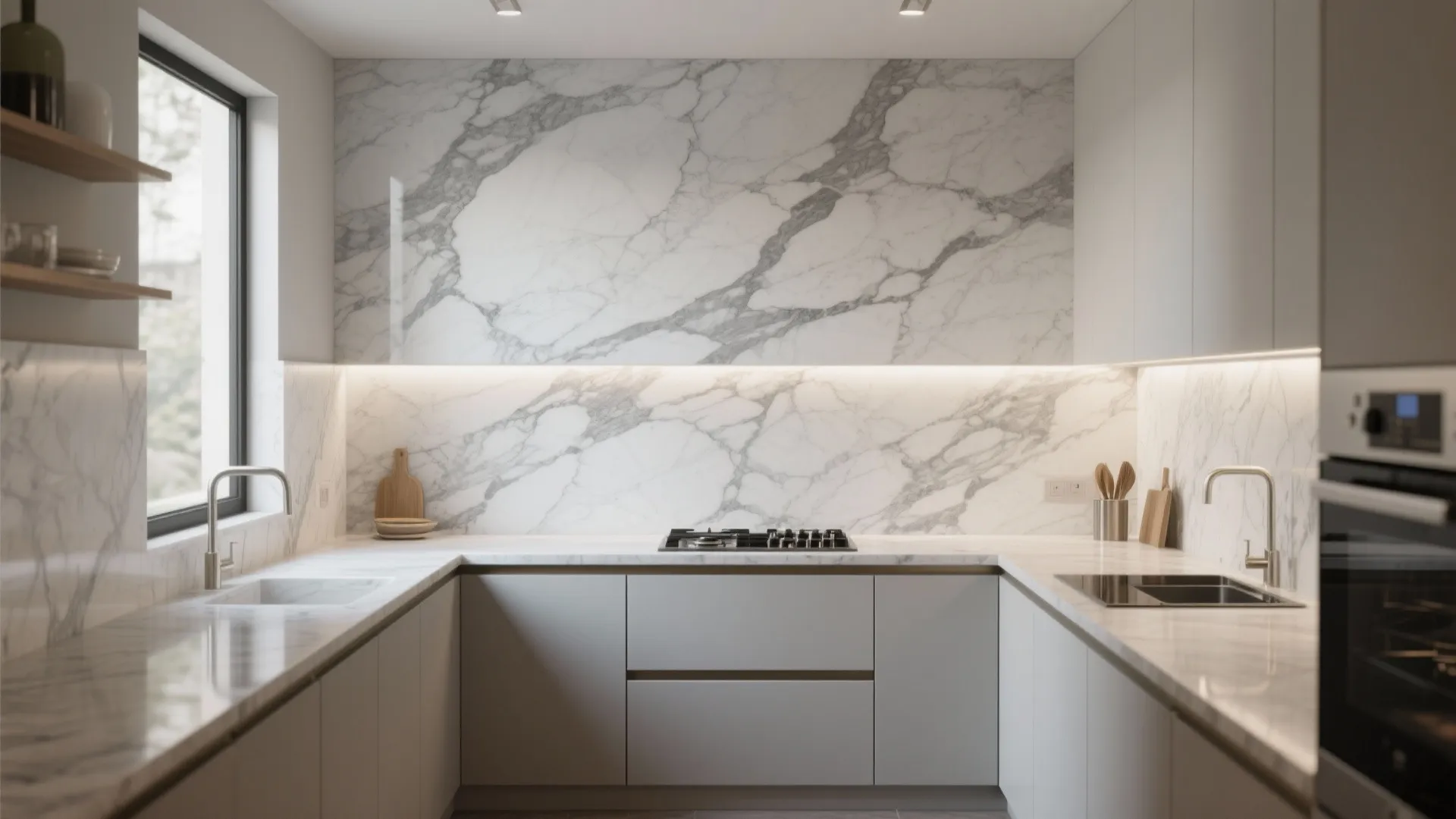 Minimalist white kitchen with large marble wall panel white cabinets built in oven and natural light