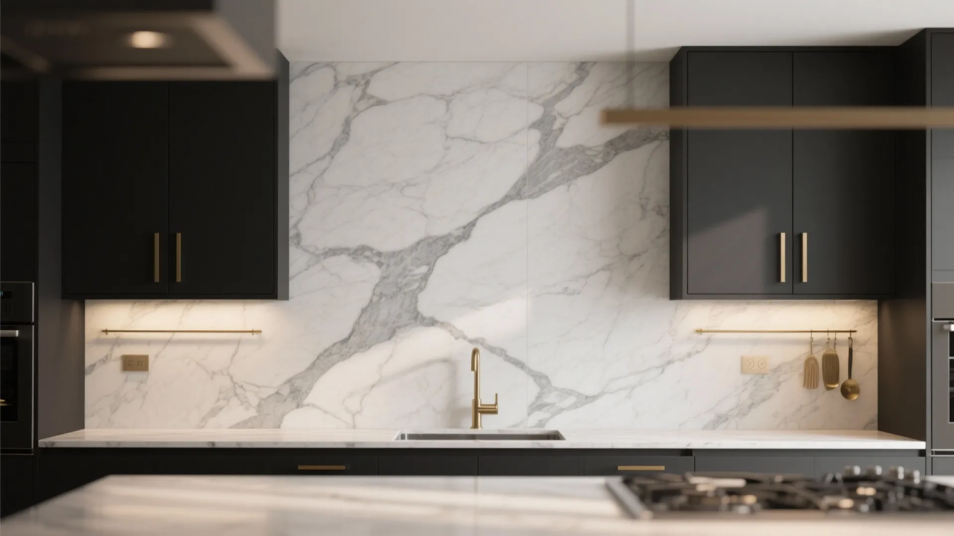 Marble-look slab backsplash with soft veining and dark hardware