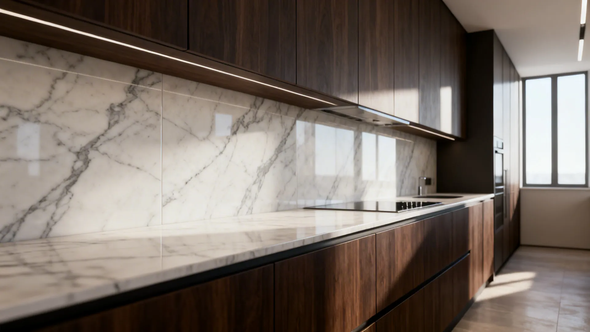 Full-height marble-look porcelain slab backsplash with grey veining paired with walnut cabinets.
