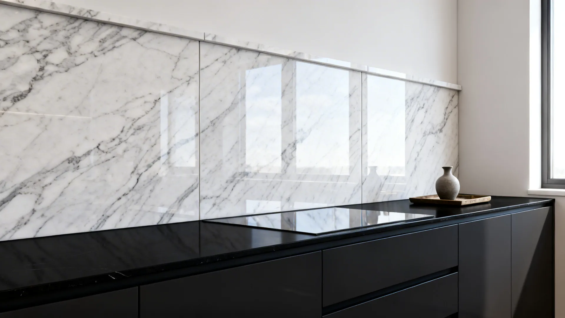 Elegant Carrara-look marble slab backsplash above a black countertop in a modern kitchen.