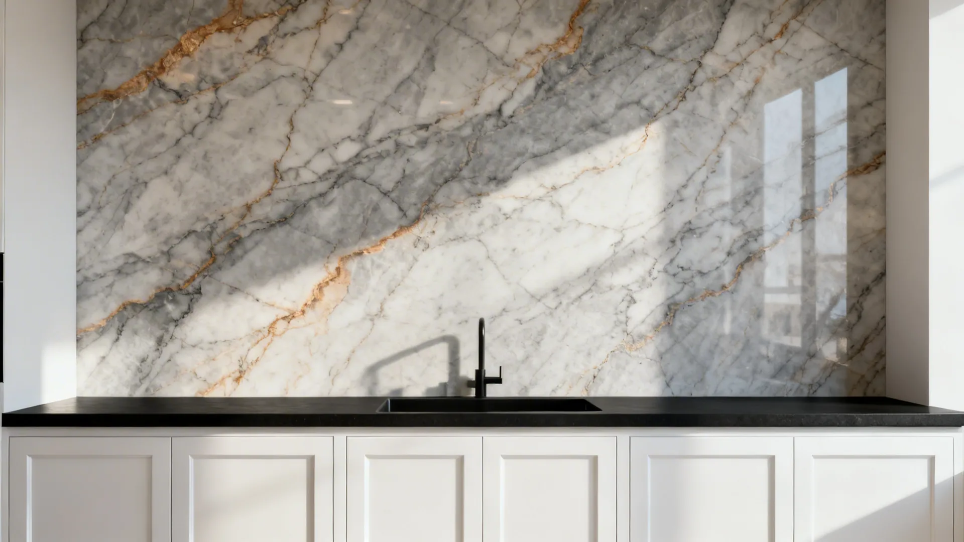 Modern kitchen with white cabinets black countertop black faucet and large gray marble slab wall