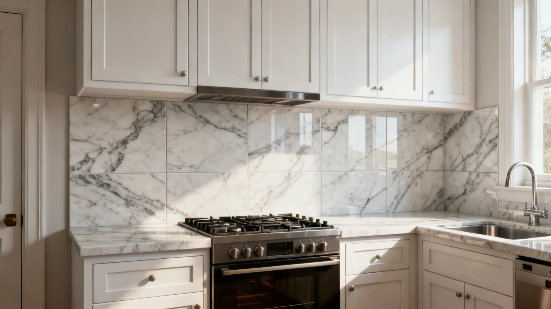 Small kitchen with marble-look large-format porcelain slabs as backsplash behind stove and sink, paired with white cabinets.