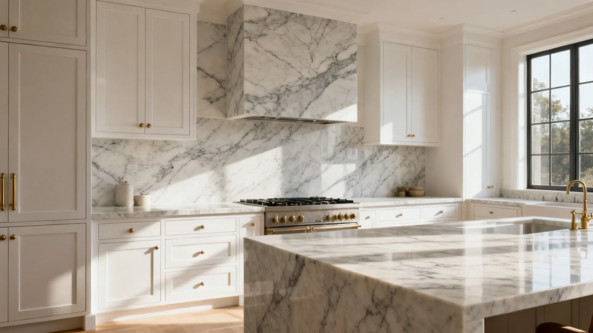 White cabinets with a bookmatched marble or marble-look slab backsplash creating a seamless luxurious backdrop.
