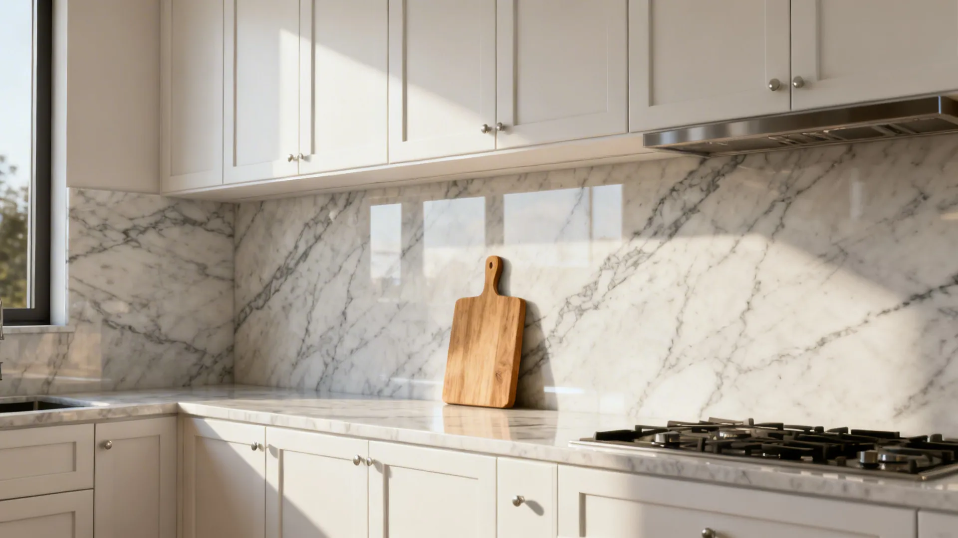 White cabinets with a full-height Carrara-look marble slab backsplash and warm daylight.