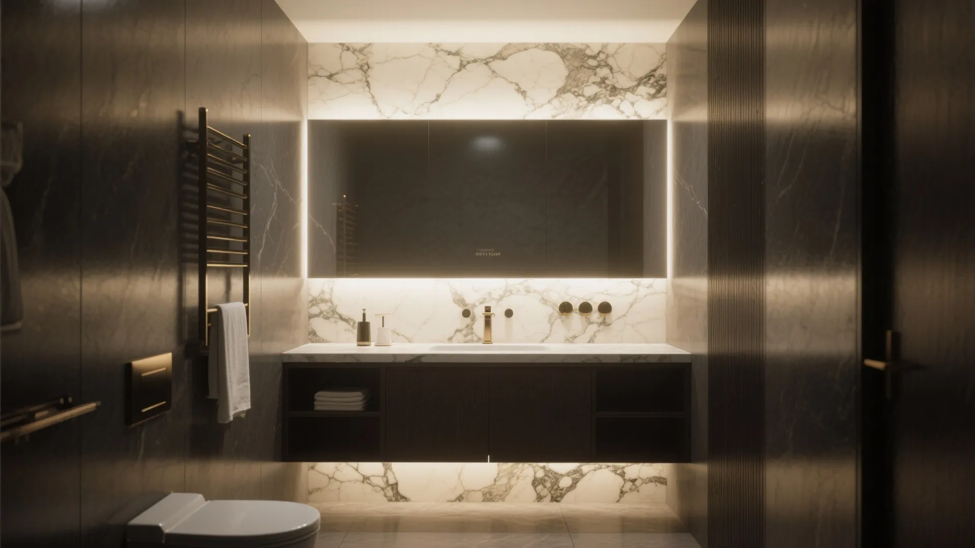 Luxury bathroom with marble walls dark wood cabinet large glowing mirror and warm ambient lighting