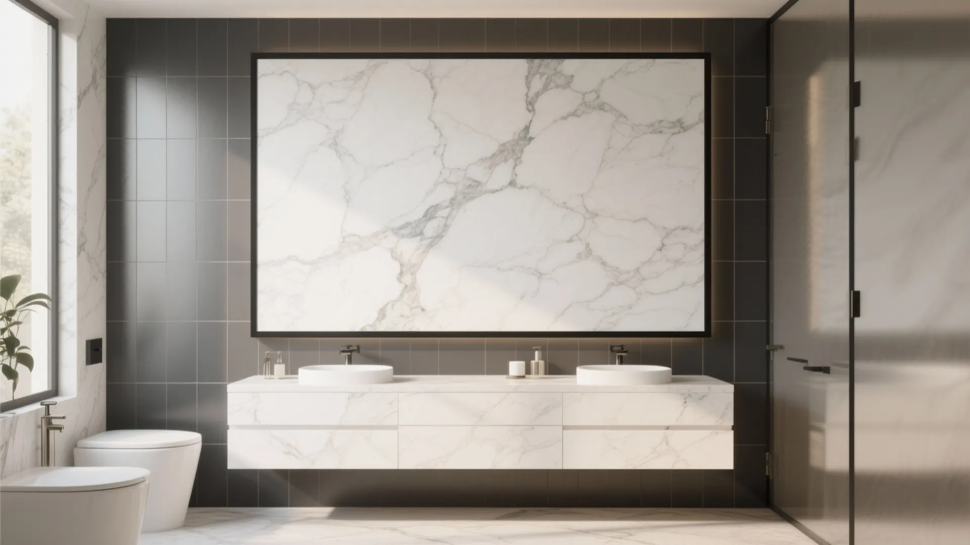 5. Black border tile with oversized marble-effect white slabs