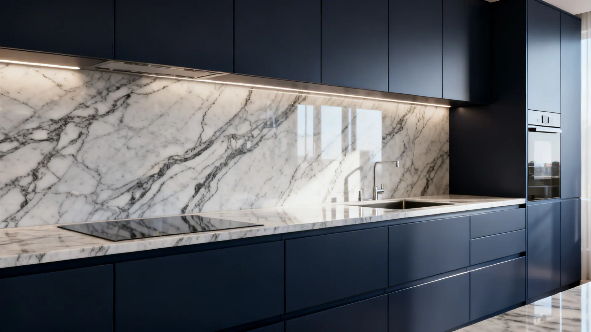 Seamless marble-look slab backsplash with subtle veining behind dark cabinets for a unified luxury look.