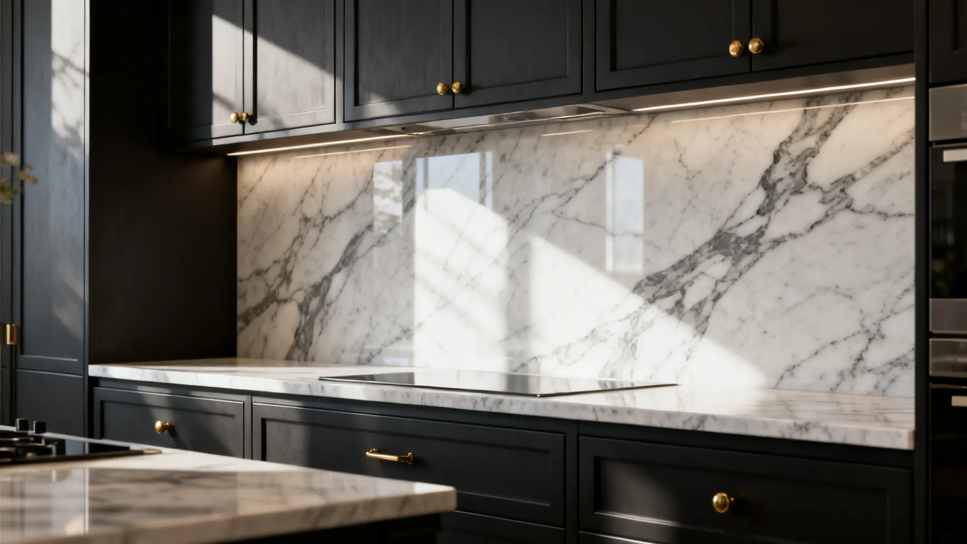 Dark kitchen cabinets with a seamless marble-look quartz slab backsplash reflecting light