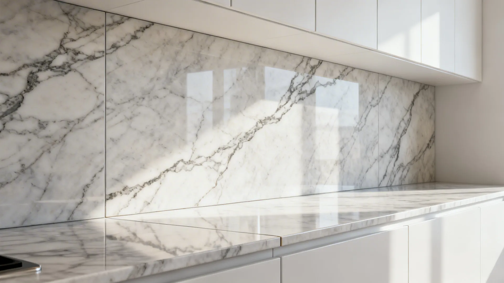 Large-format marble-look porcelain slab backsplash with seamless veining beside white cabinets.