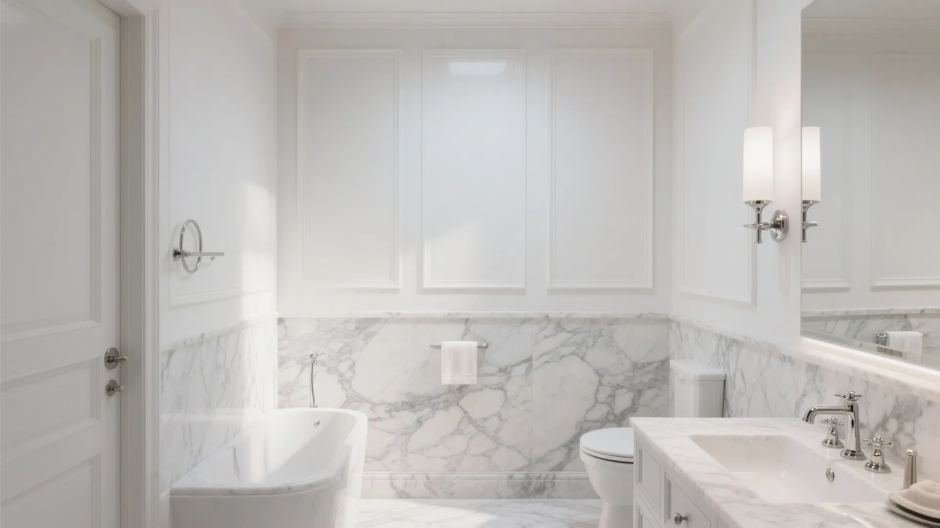 Elegant white bathroom with marble wall panels, white bathtub, toilet, sink, mirror, and wall light