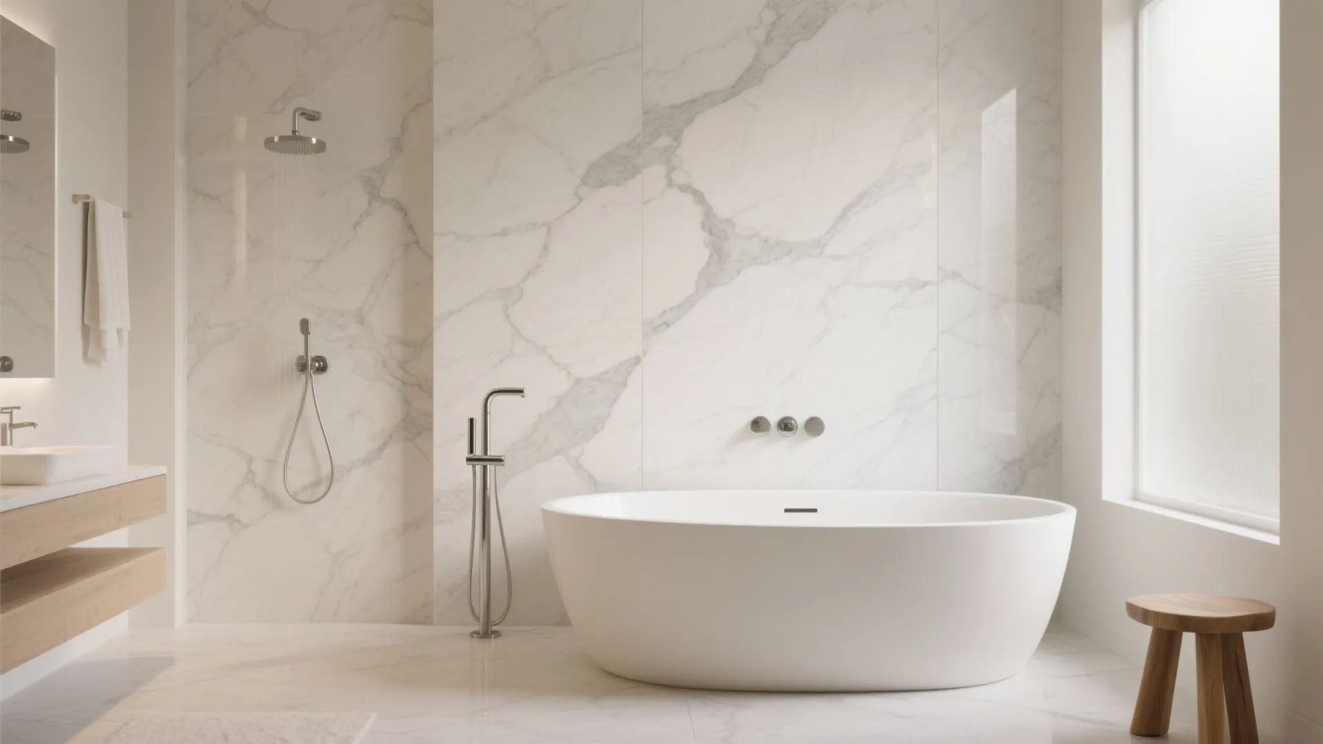 2) Large-format marble-look slabs for fewer grout lines