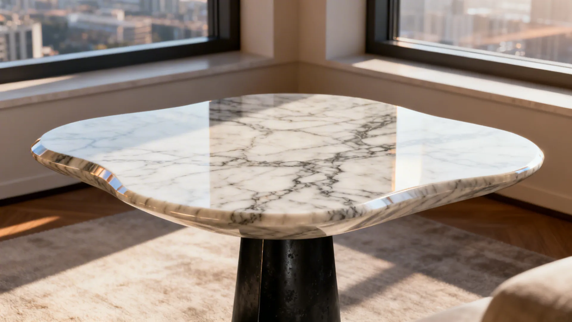 Close-up of a sculptural marble coffee table top with a slim blackened steel base and visible marble veining.