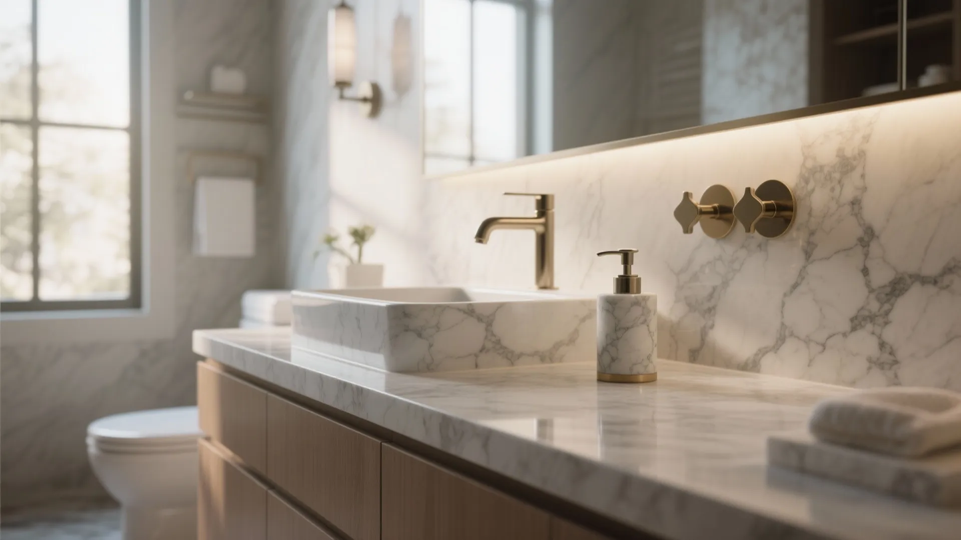 Modern bathroom with marble sink gold faucet marble soap dispenser wood cabinet and wall light