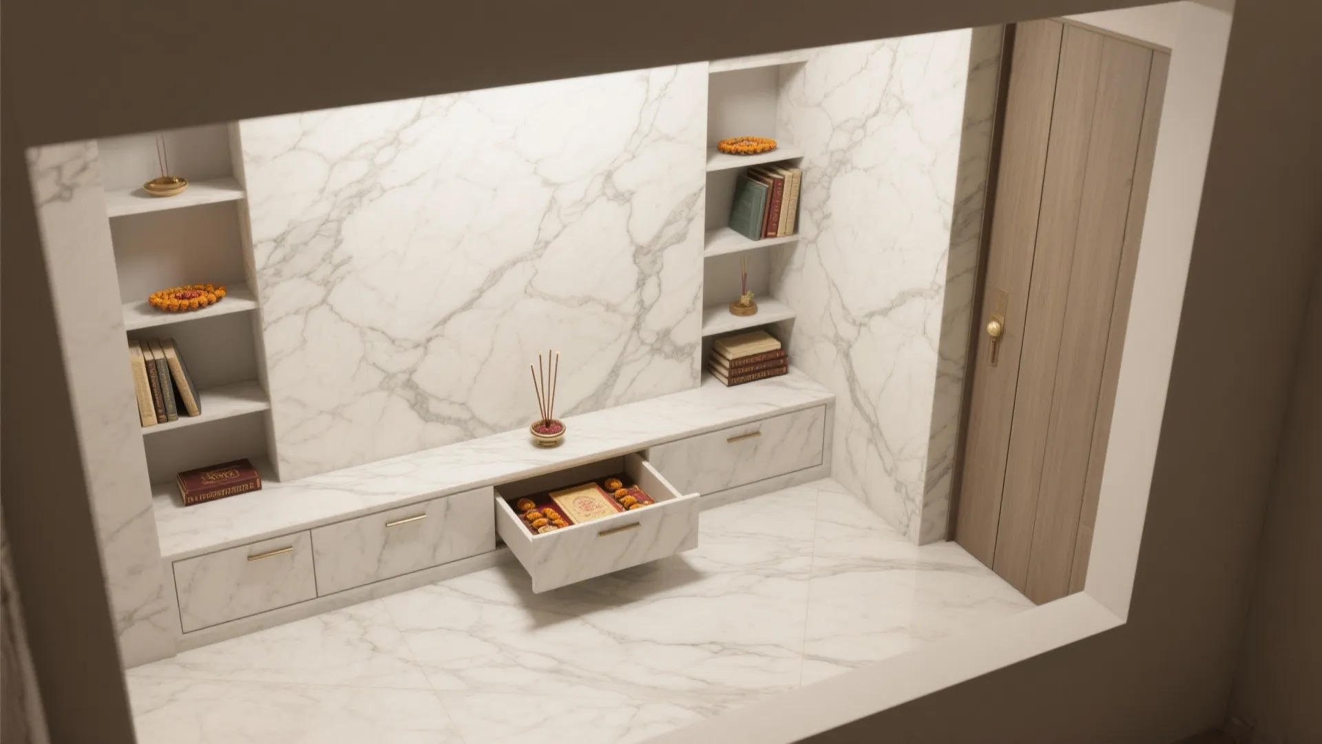 Floor-to-ceiling marble cladding with integrated storage