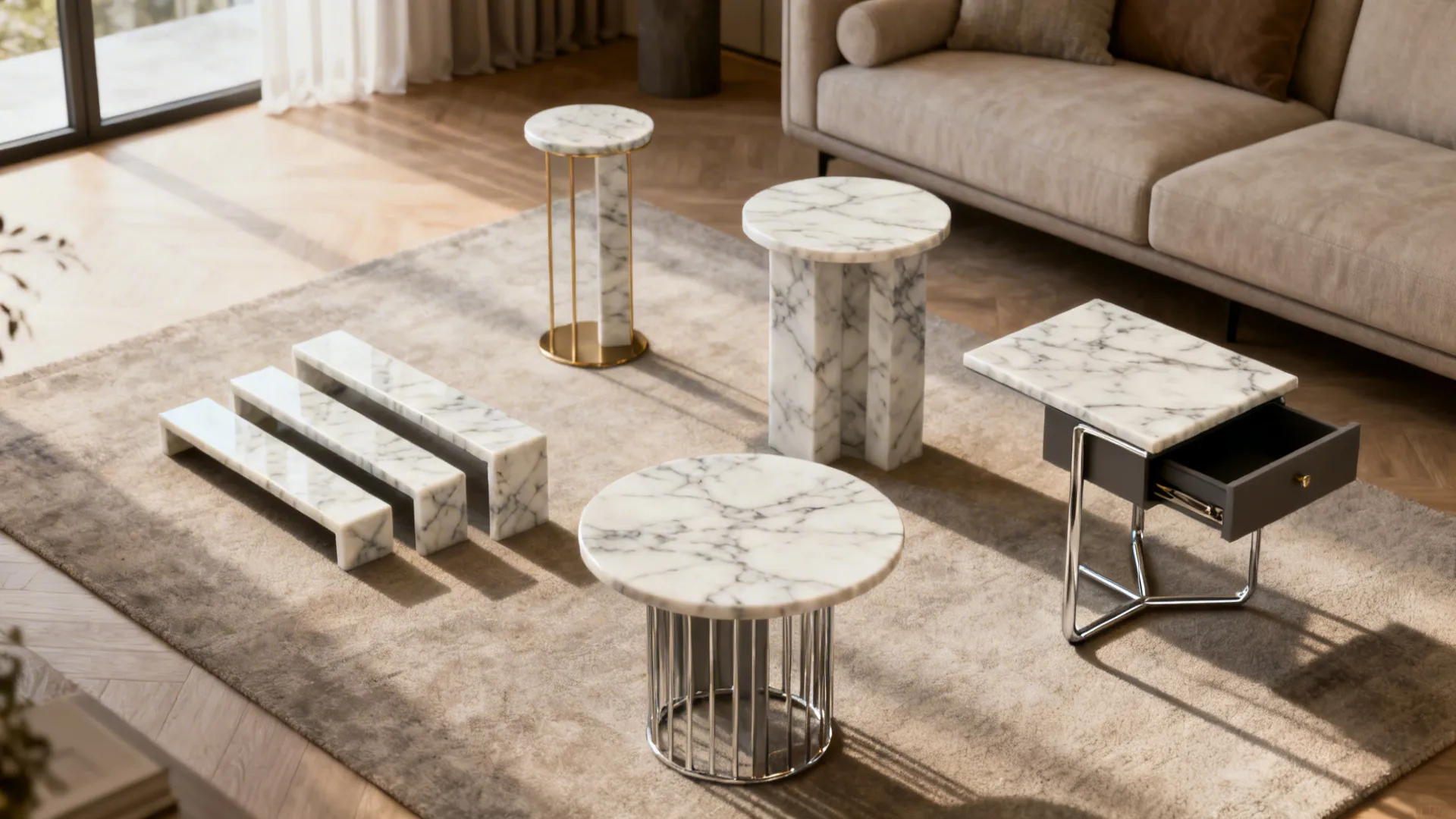 Composite showing different marble side table styles and use-cases in a small living room layout.