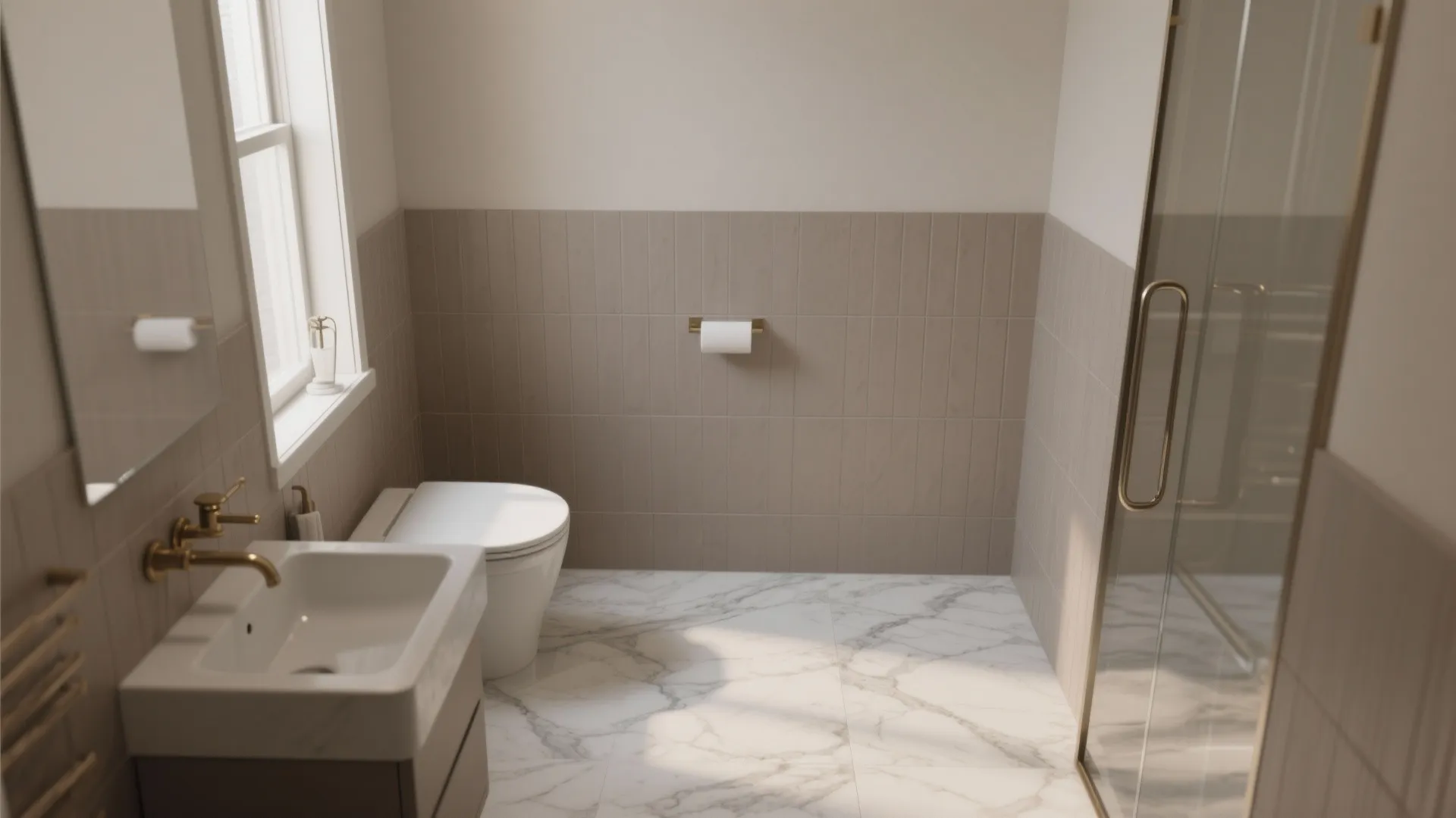 Low-contrast marble-effect porcelain floor with soft taupe wall tiles in a serene small bathroom.