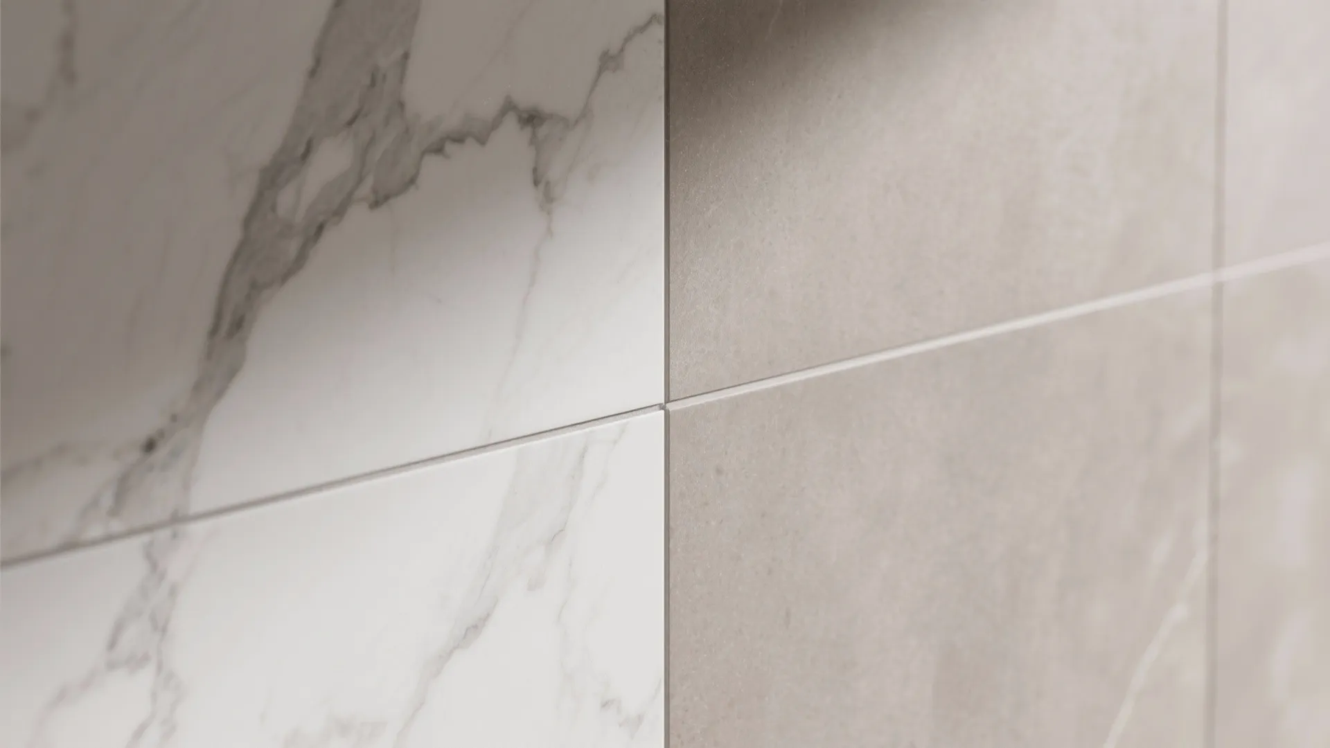 Close-up of marble-effect porcelain veining next to soft taupe matte wall tile.