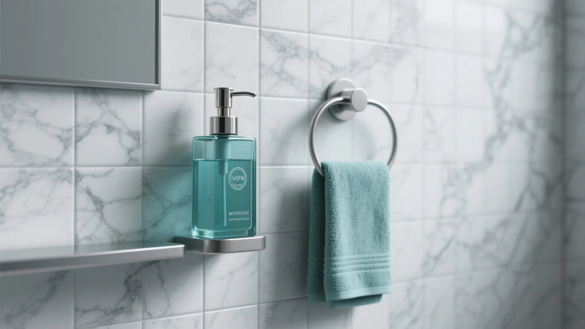 3. Marble-effect grey tiles + teal highlights