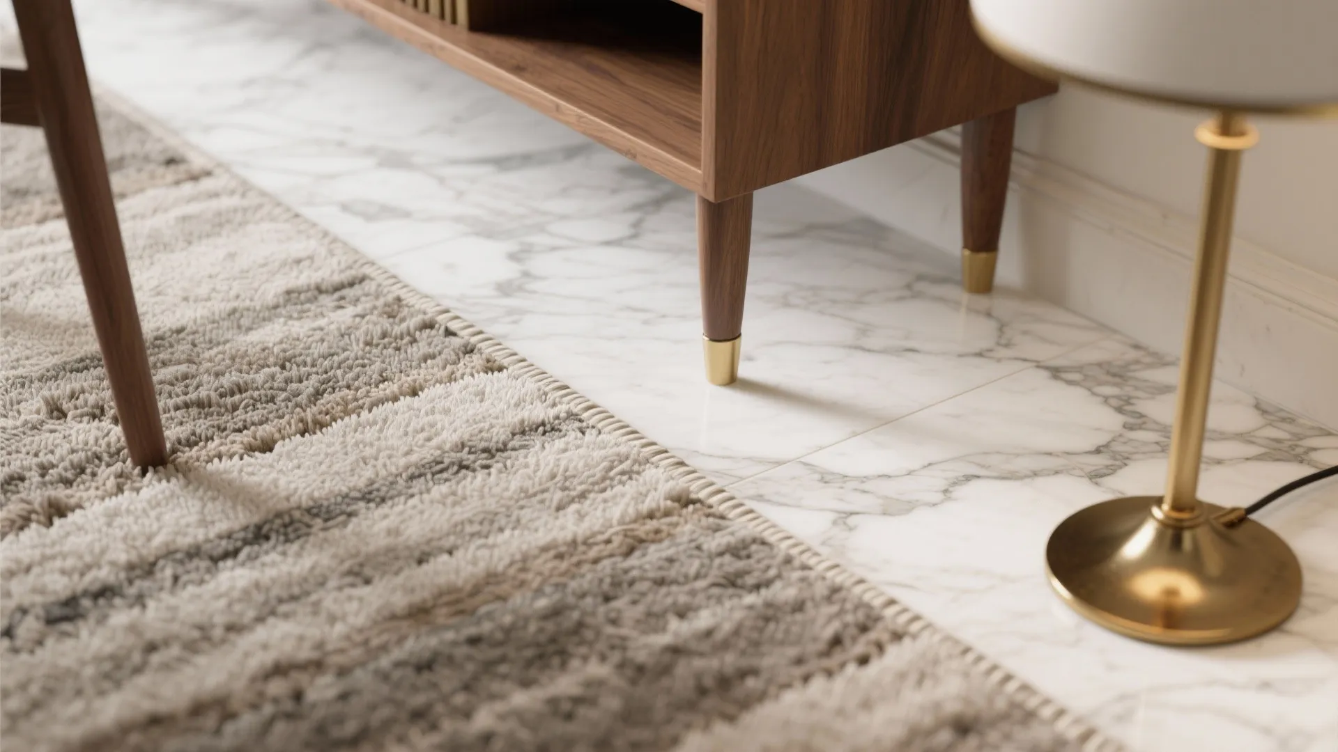 Close up view of marble floor tiles with a patterned rug and wooden cabinet furniture