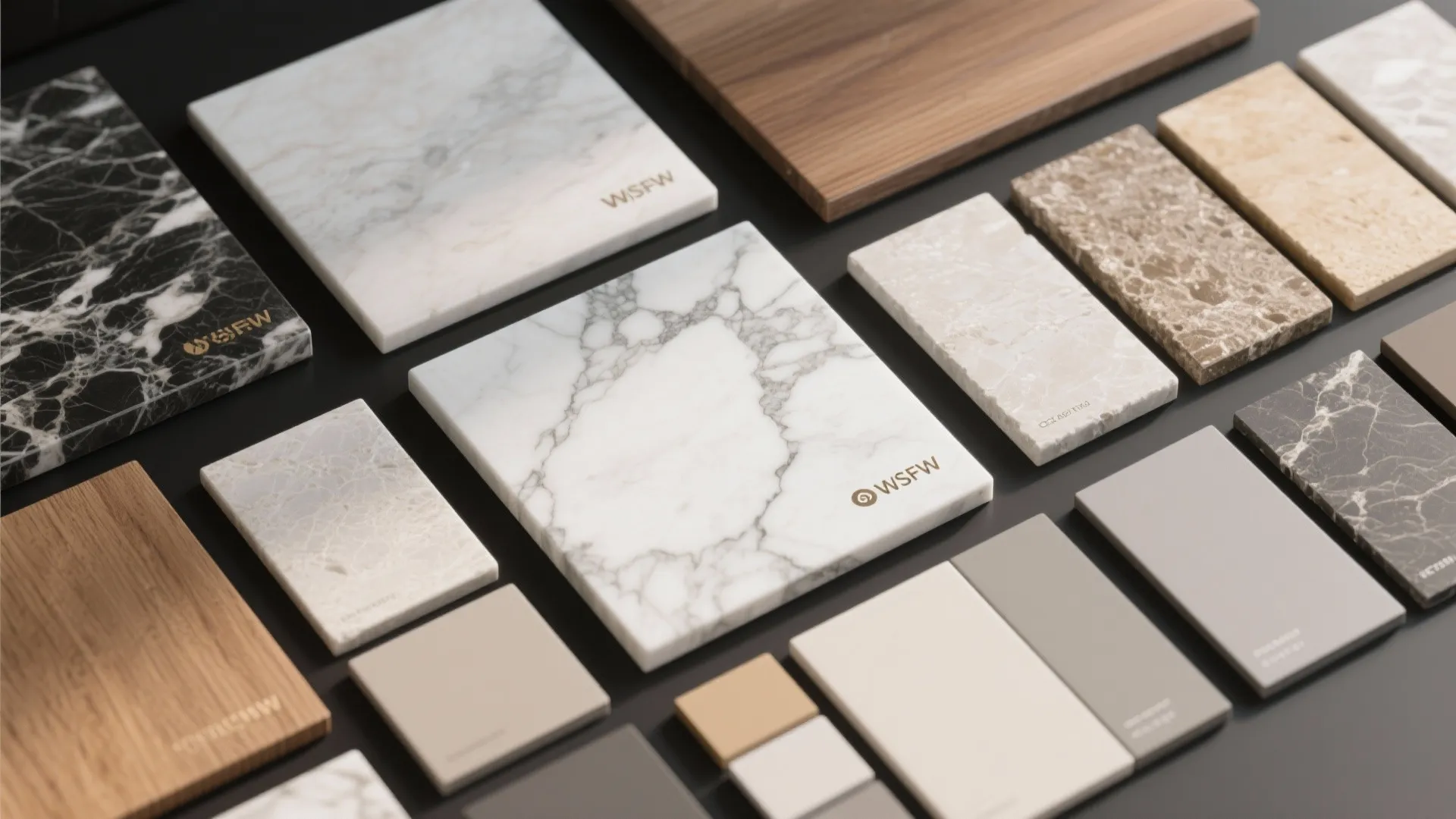 Collection of interior design material samples including marble tiles wood panels and various solid color stones