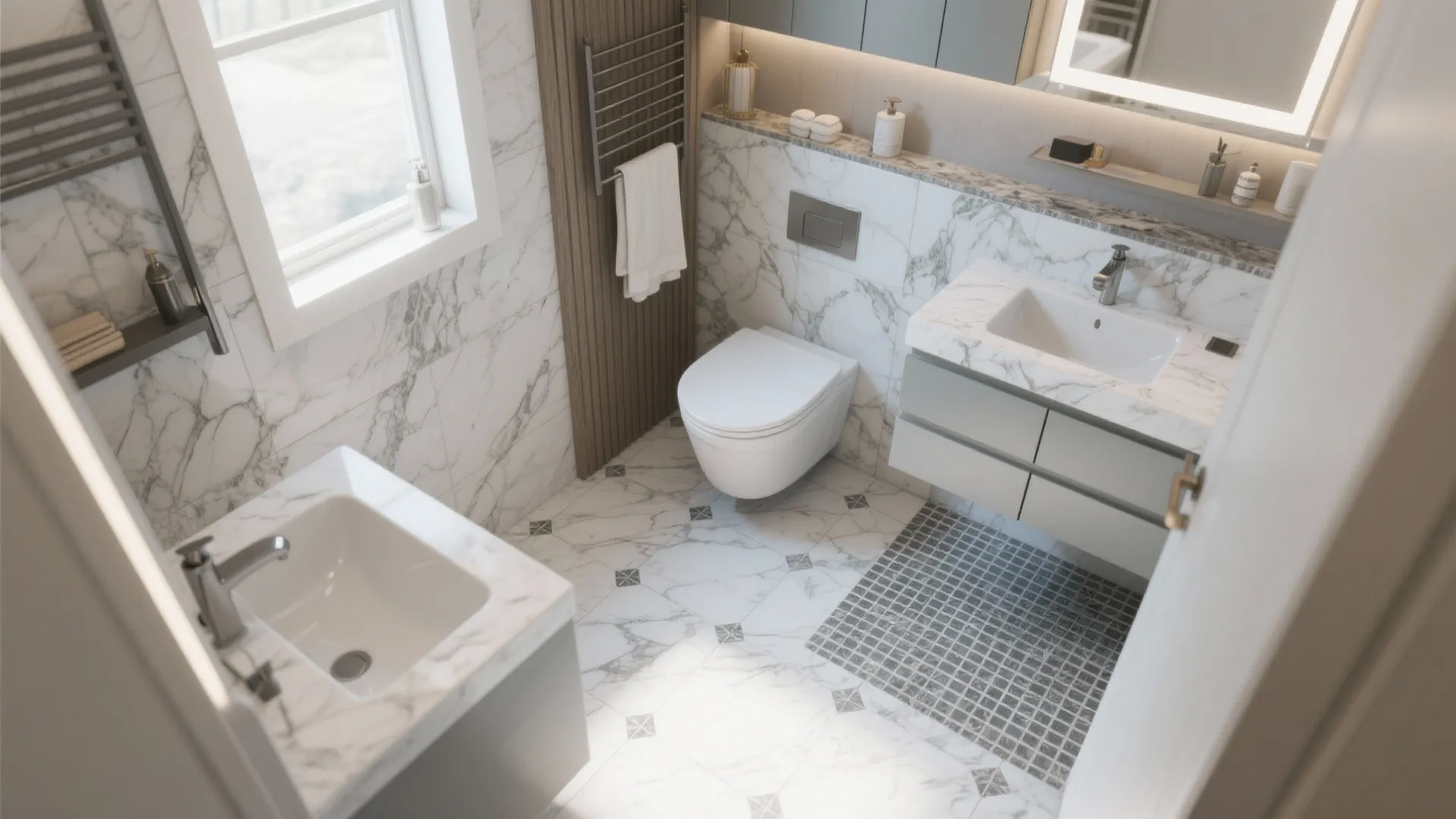 Modern bathroom with white marble wall tiles grey vanity unit white toilet and large window