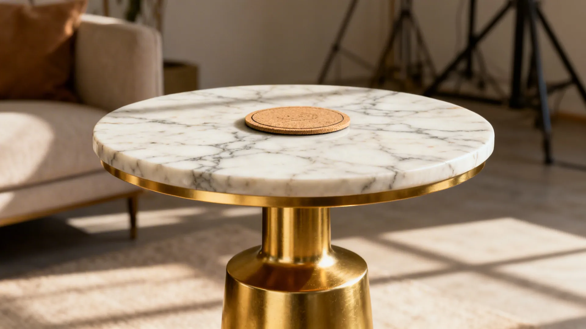Small round marble-top gold side table serving as a curated focal point in a studio living area.