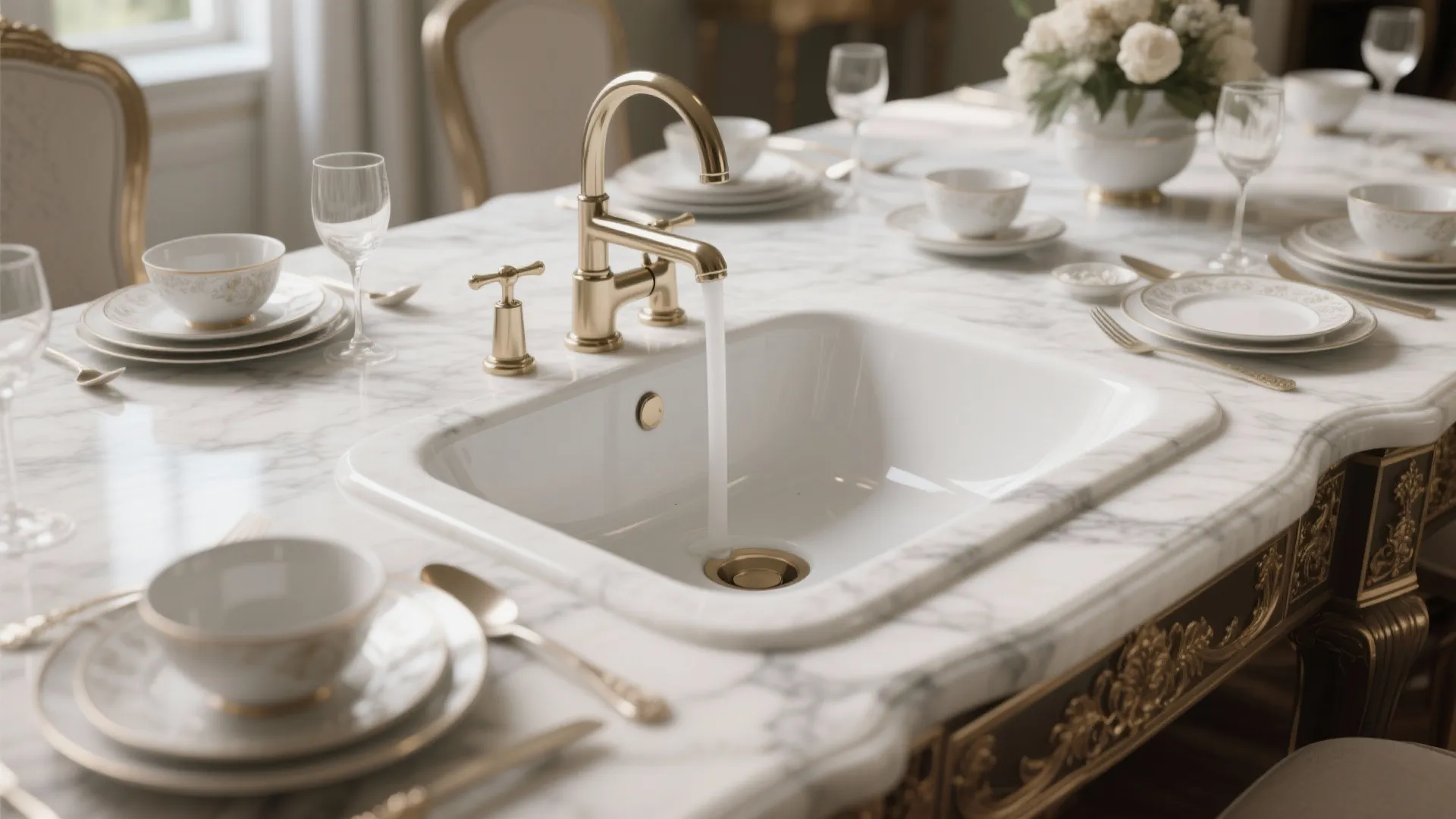 Luxury marble table with a white sink gold water tap and formal dinner place settings