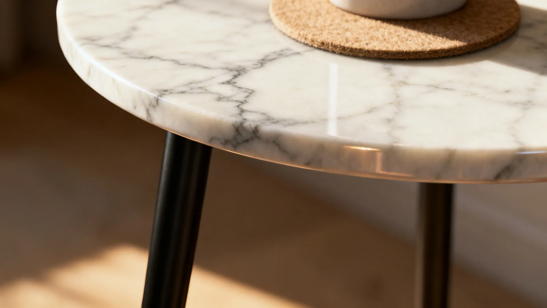 Close-up of a small marble-top round side table with slim metal legs and a felt coaster