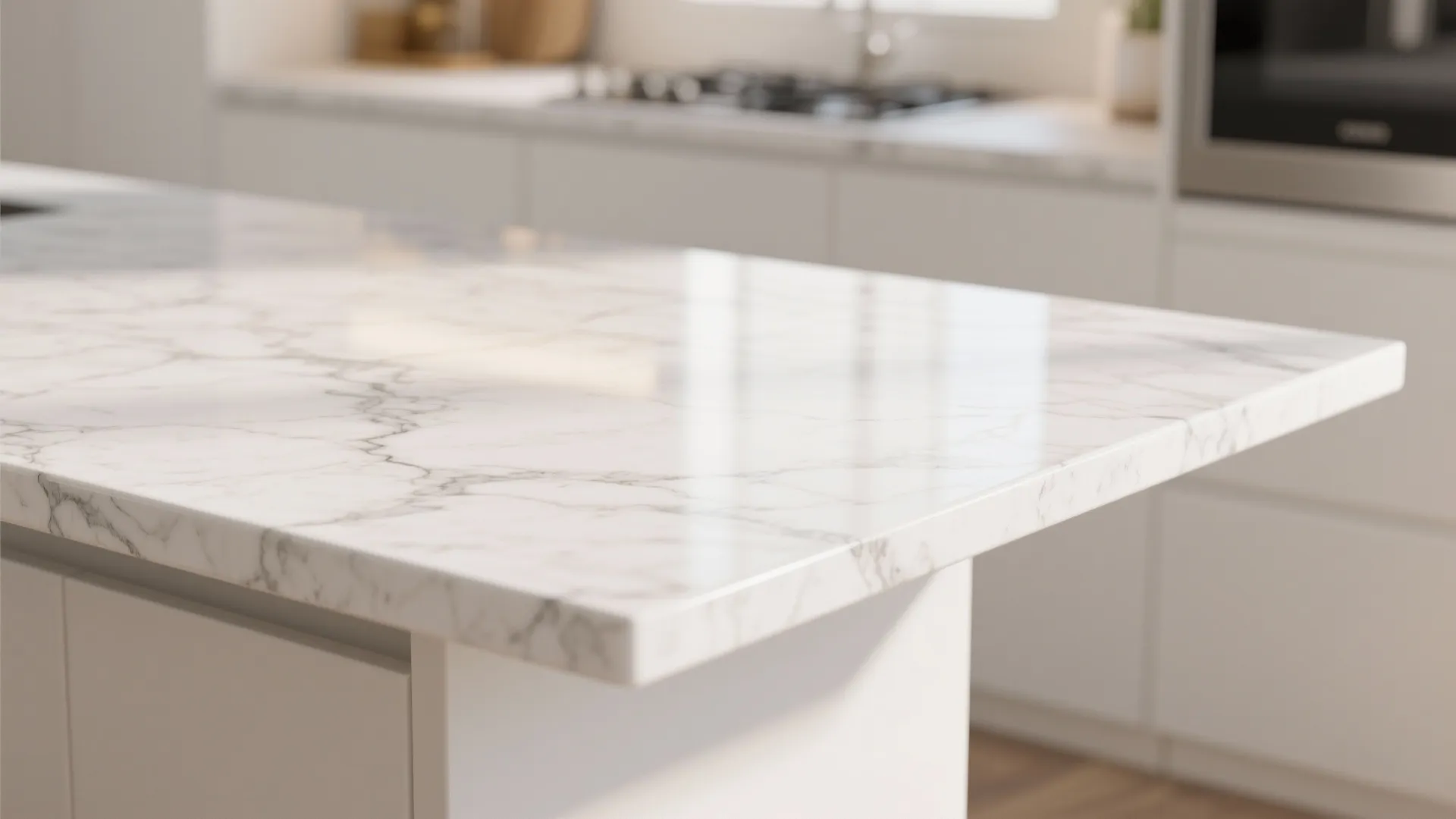 Close up of a white marble kitchen island surface with grey veins in bright kitchen