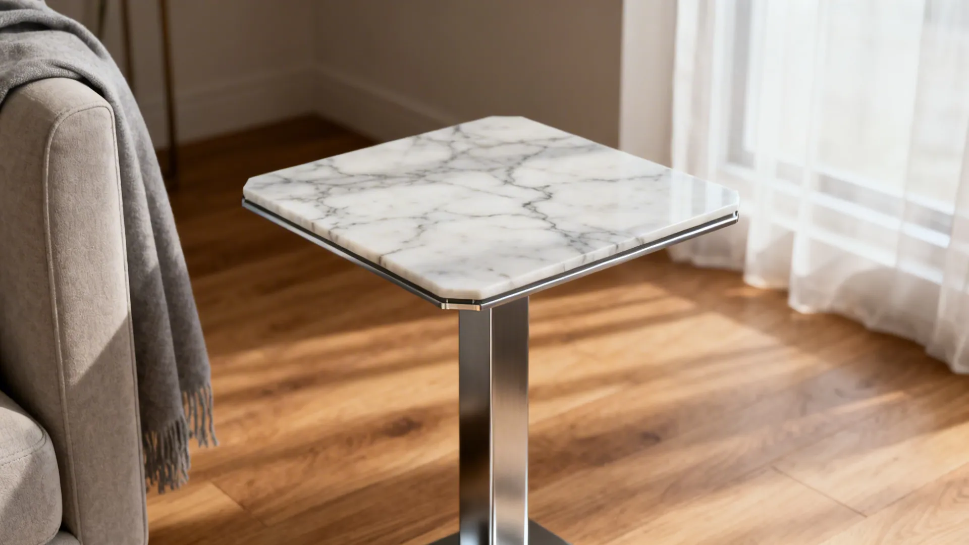 Compact square end table with a thin marble top and slim base in a small living room.
