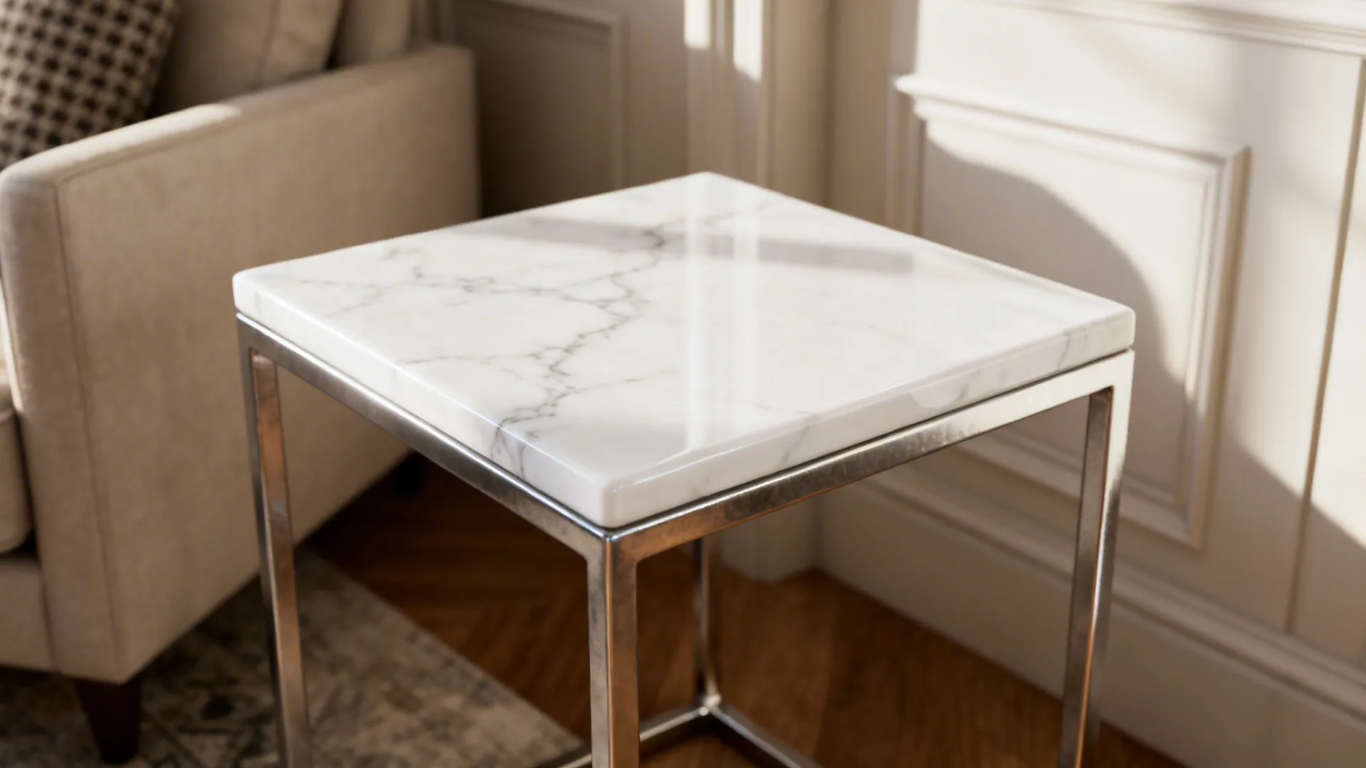 4. Marble-top white table for a luxe touch