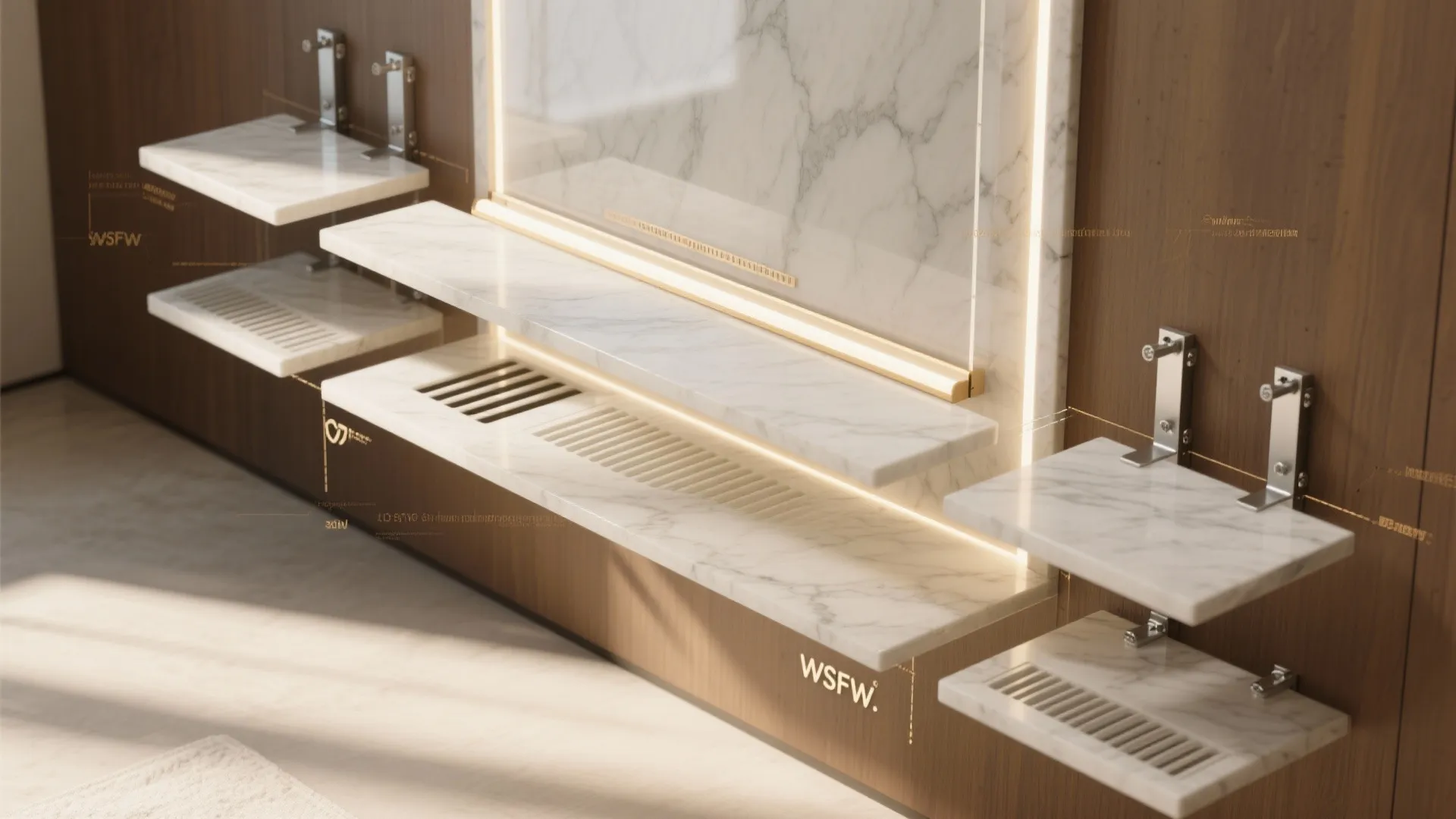 Interior design drawing of white marble wall shelves with warm light fixtures on wood walls