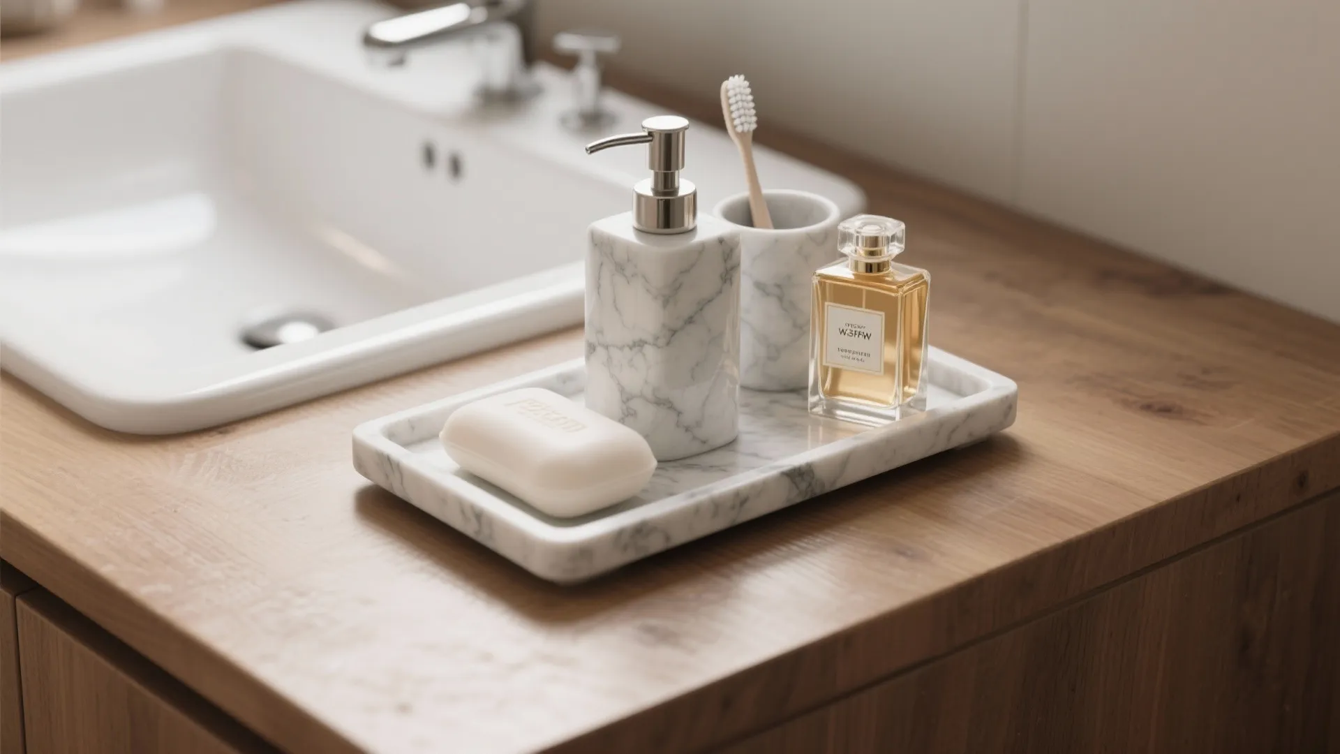 Marble tray holding soap dispenser perfume and bar soap on a wooden bathroom vanity cabinet surface