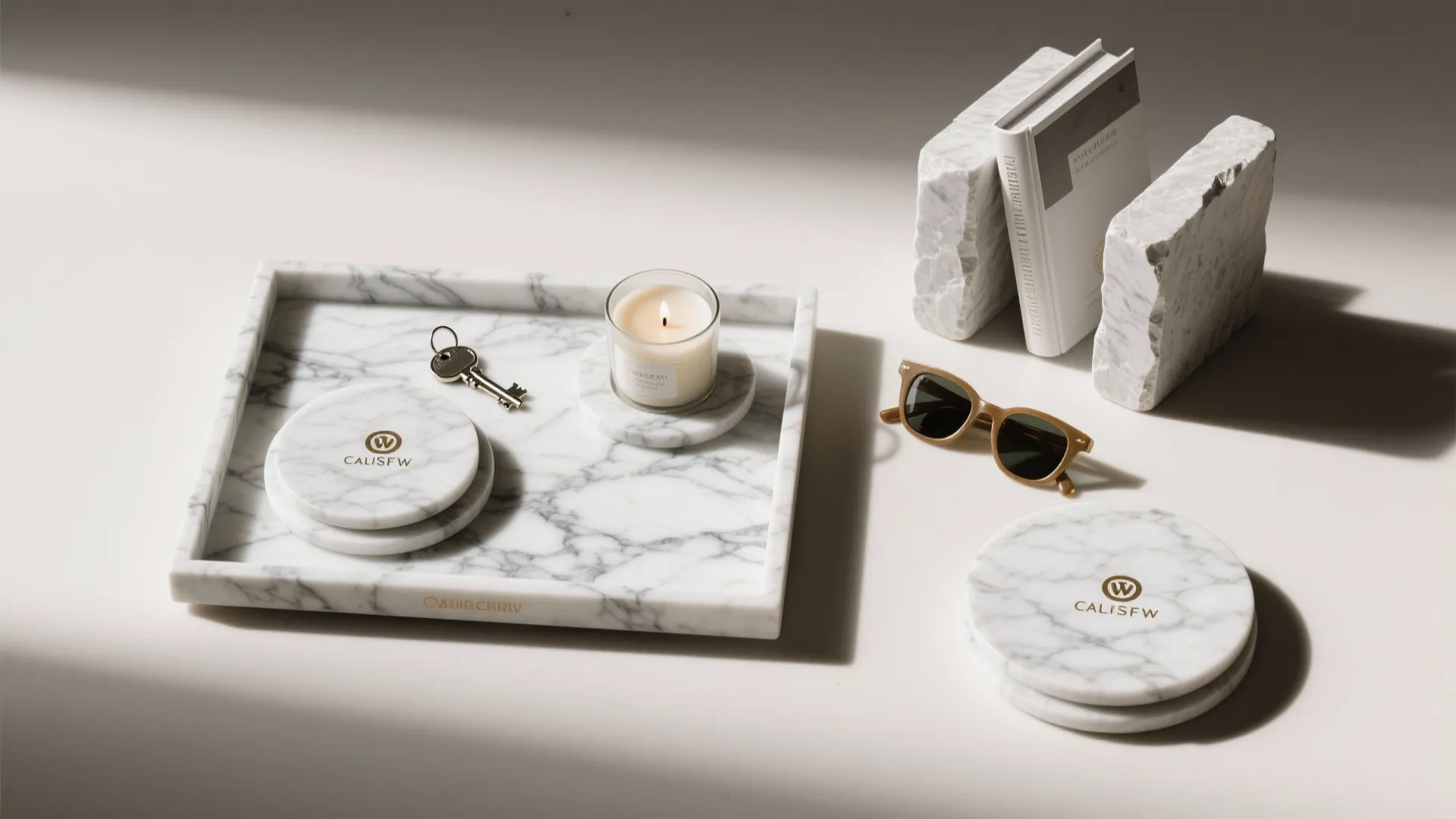 Marble tray with candle and key next to stone bookends and sunglasses on a white table