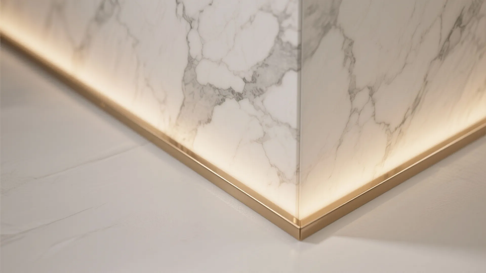 Marble-look peel-and-stick panels with metal edge trims (dry zones only)