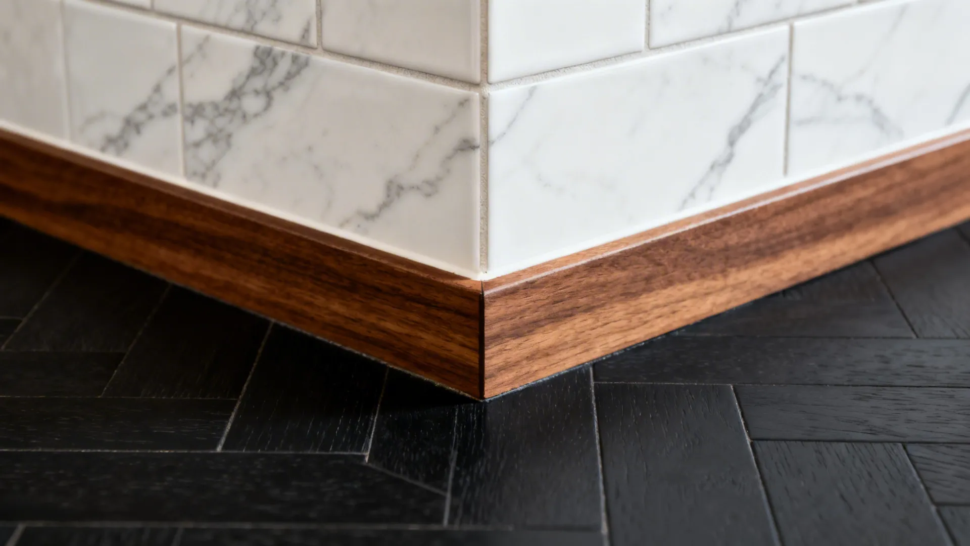 Porcelain Marble-Look + Walnut Trim + Ink-Dark Chevron Floor