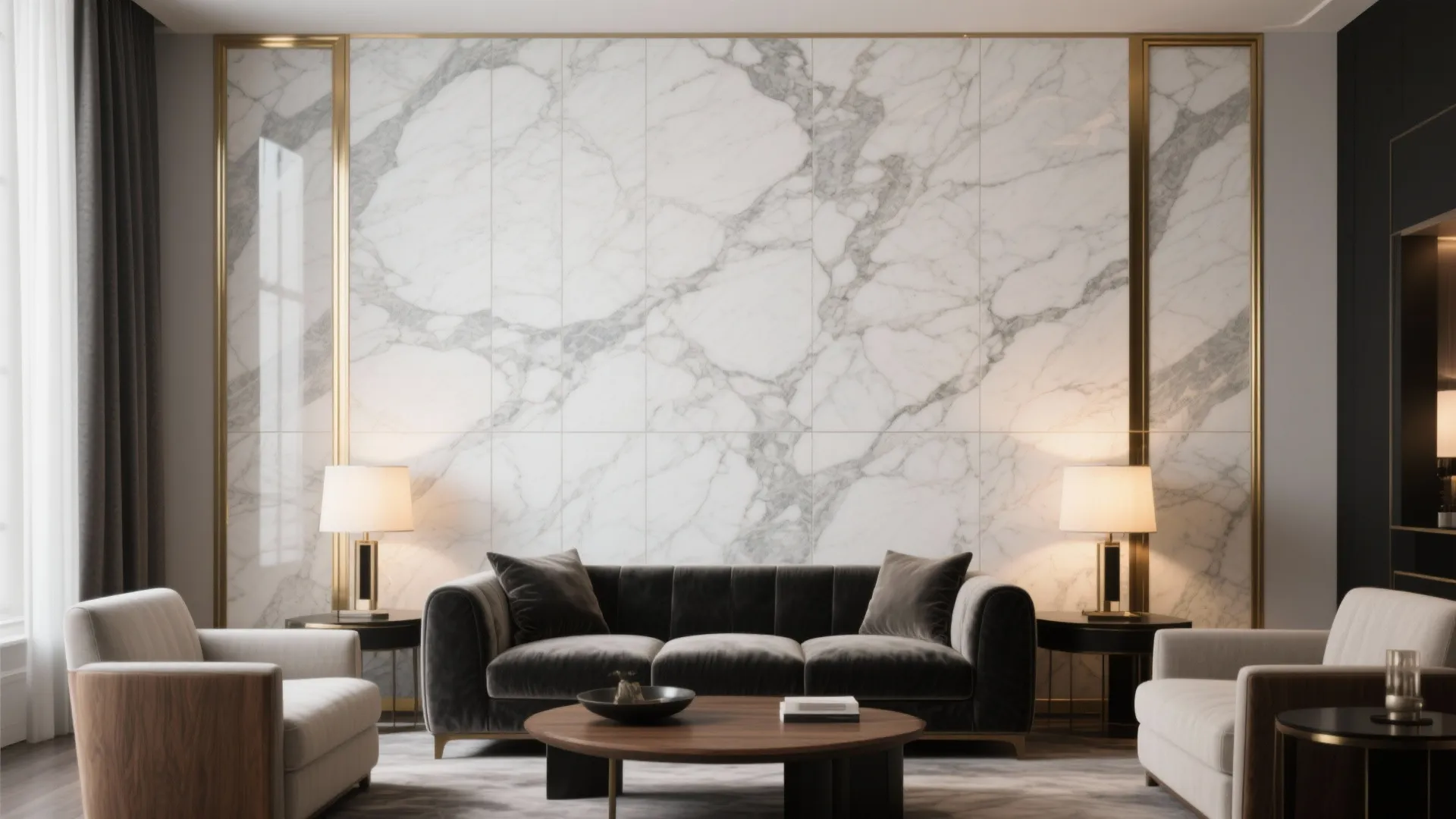 Marble-look tiles with crisp metal trims